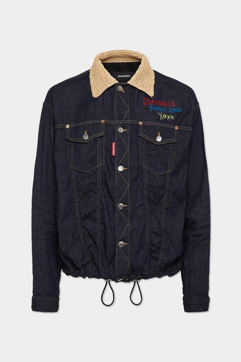 SUMMER LOVERS DARK WASH RAFFIA COLLAR DRAWSTRING SHIRT 1