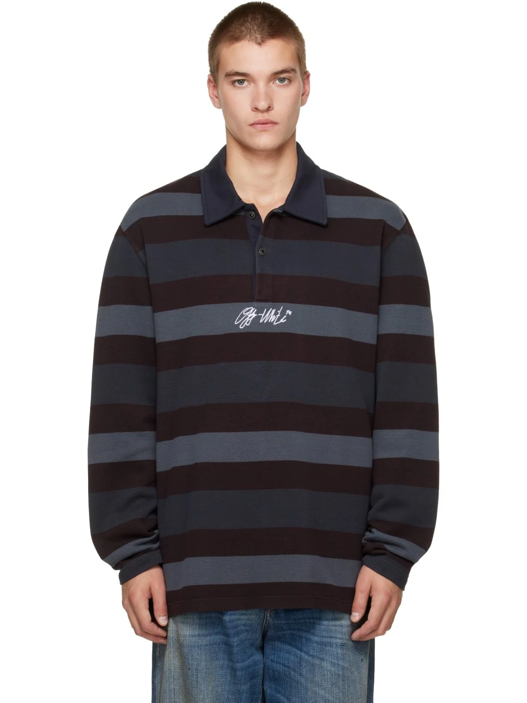 Gray & Burgundy Stroke OW Relax L/S Polo - 1