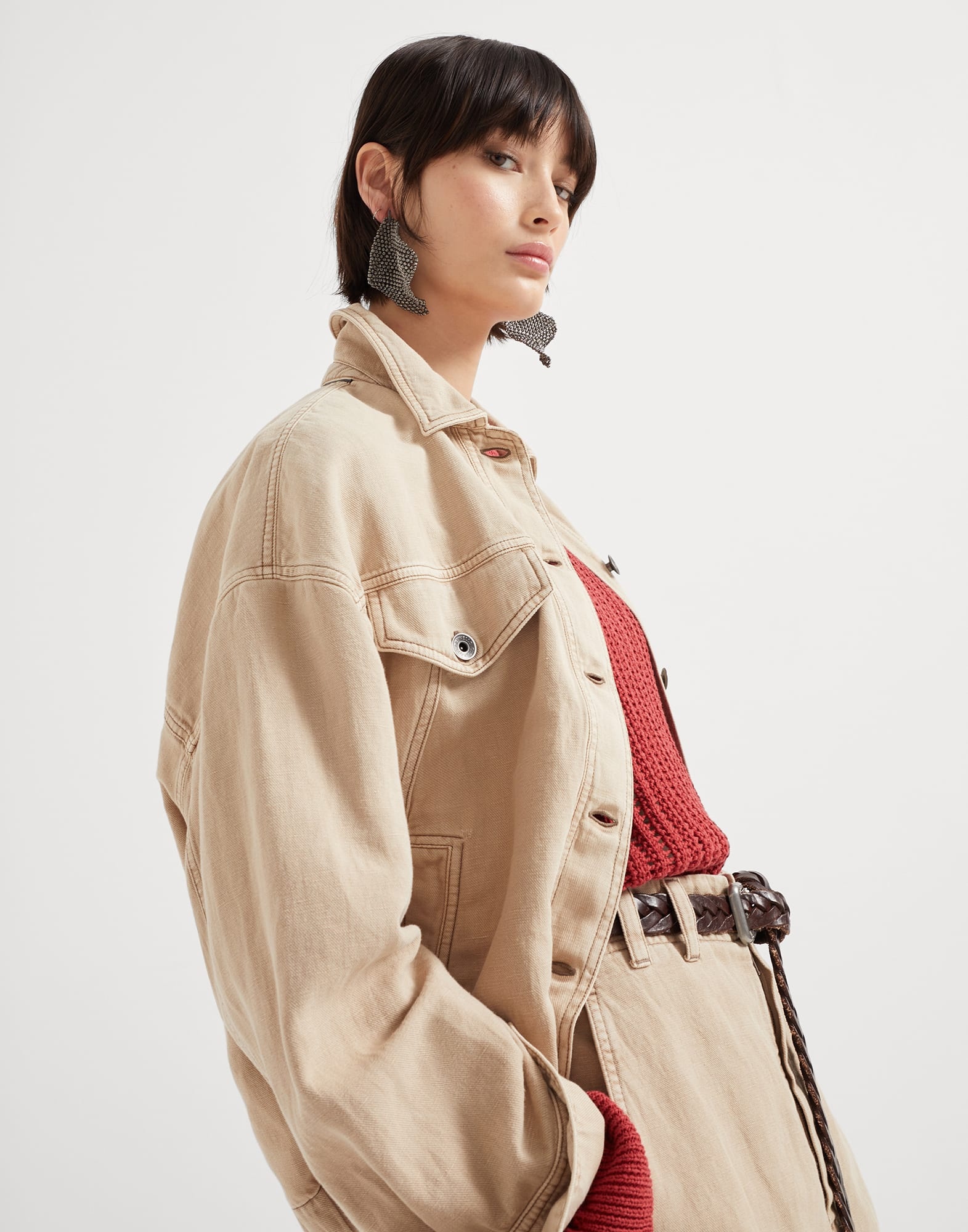 Garment-dyed cotton and linen cover four-pocket jacket with monili - 4