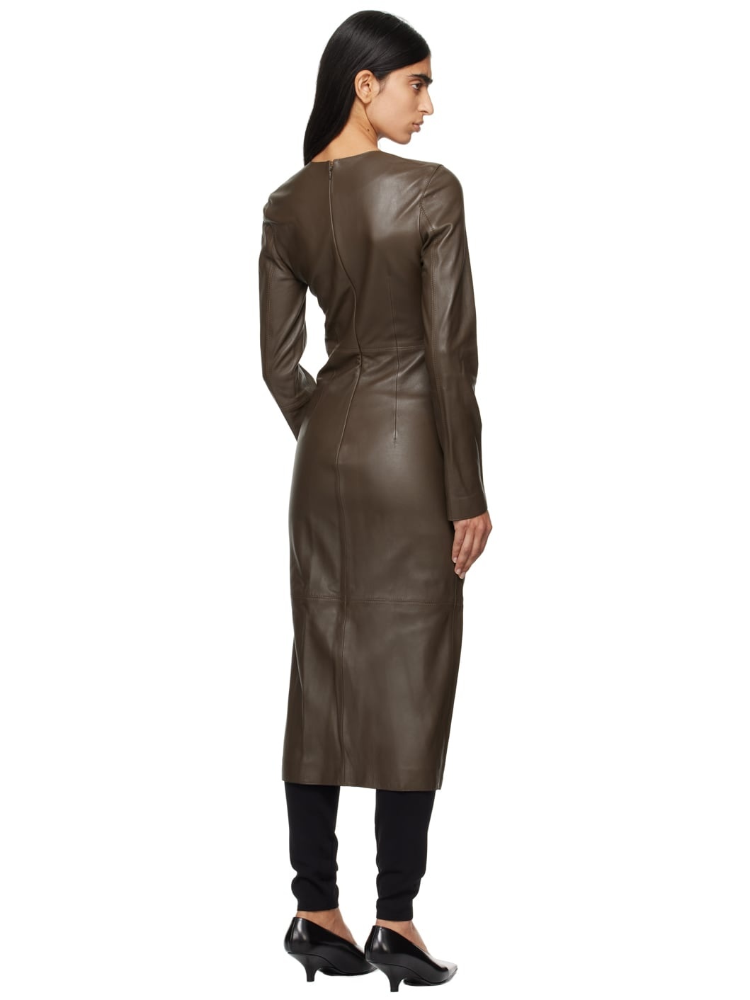 Brown Paneled Leather Midi Dress - 3