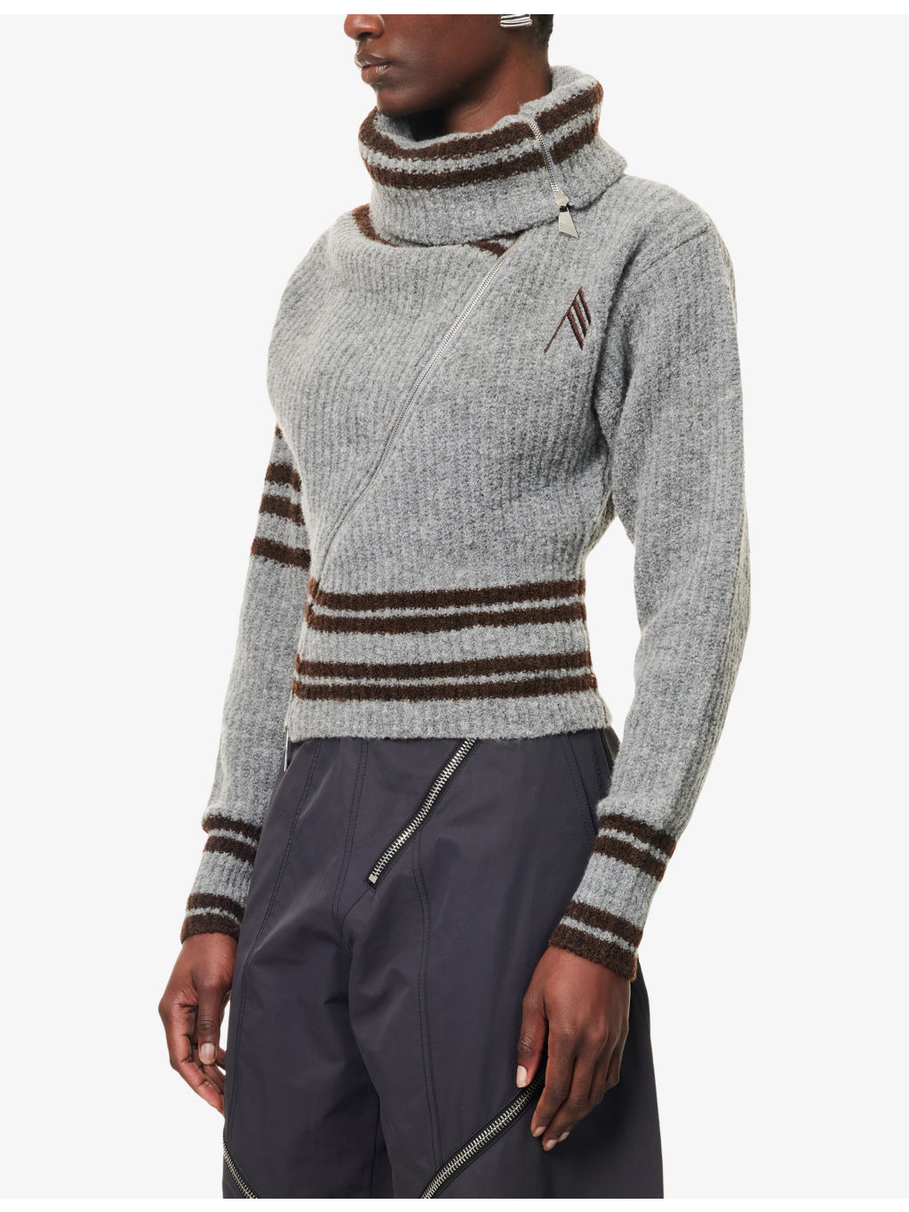 Asymmetric High-Neck Knitted Cardigan - 3