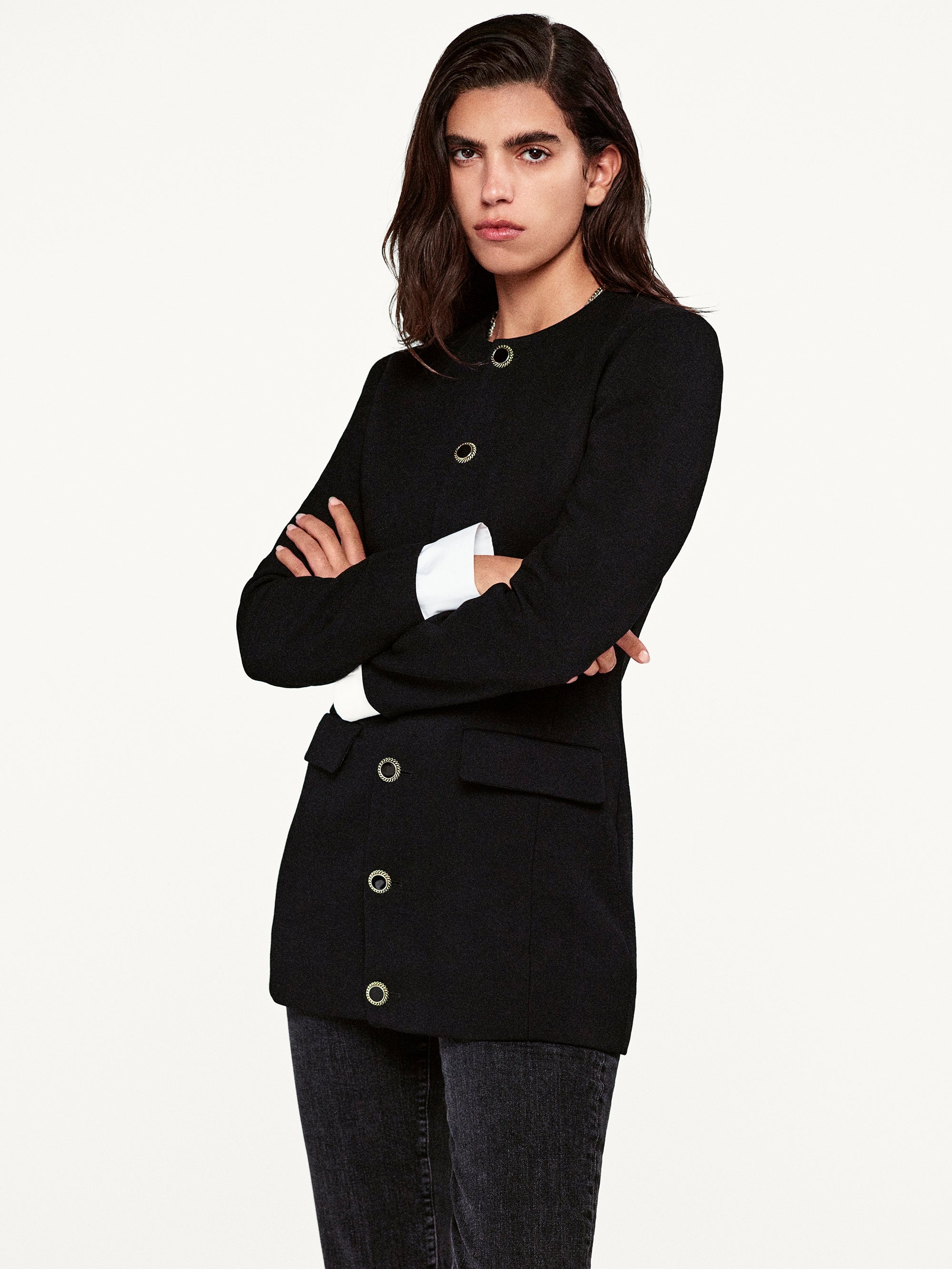 Button Front Suiting Dress in Black - 2