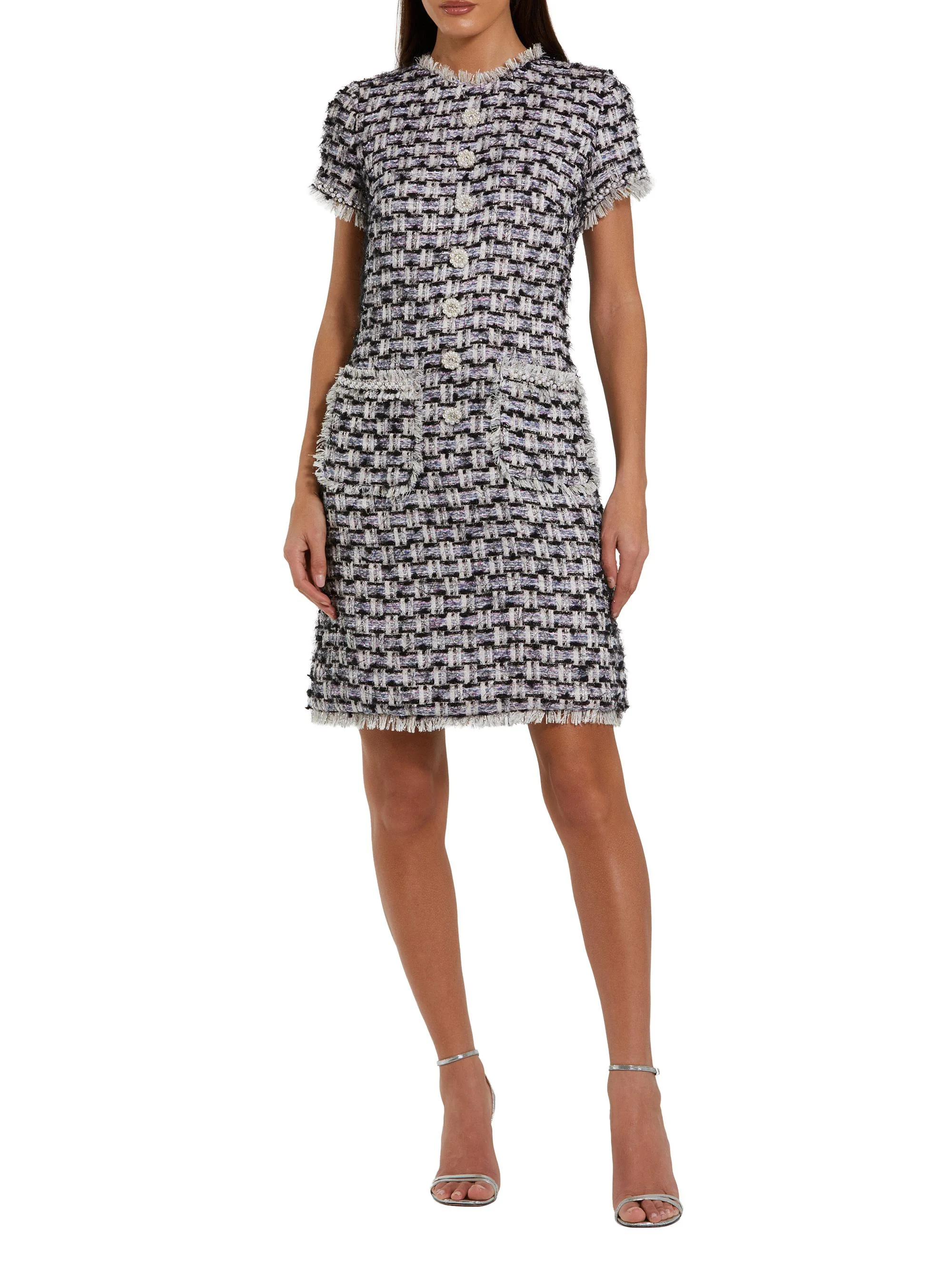Women's Floral Beaded Tweed Dress - Black Multi - 1