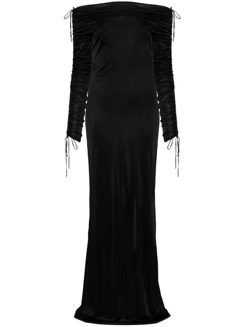 off-shoulder ruched gown 1