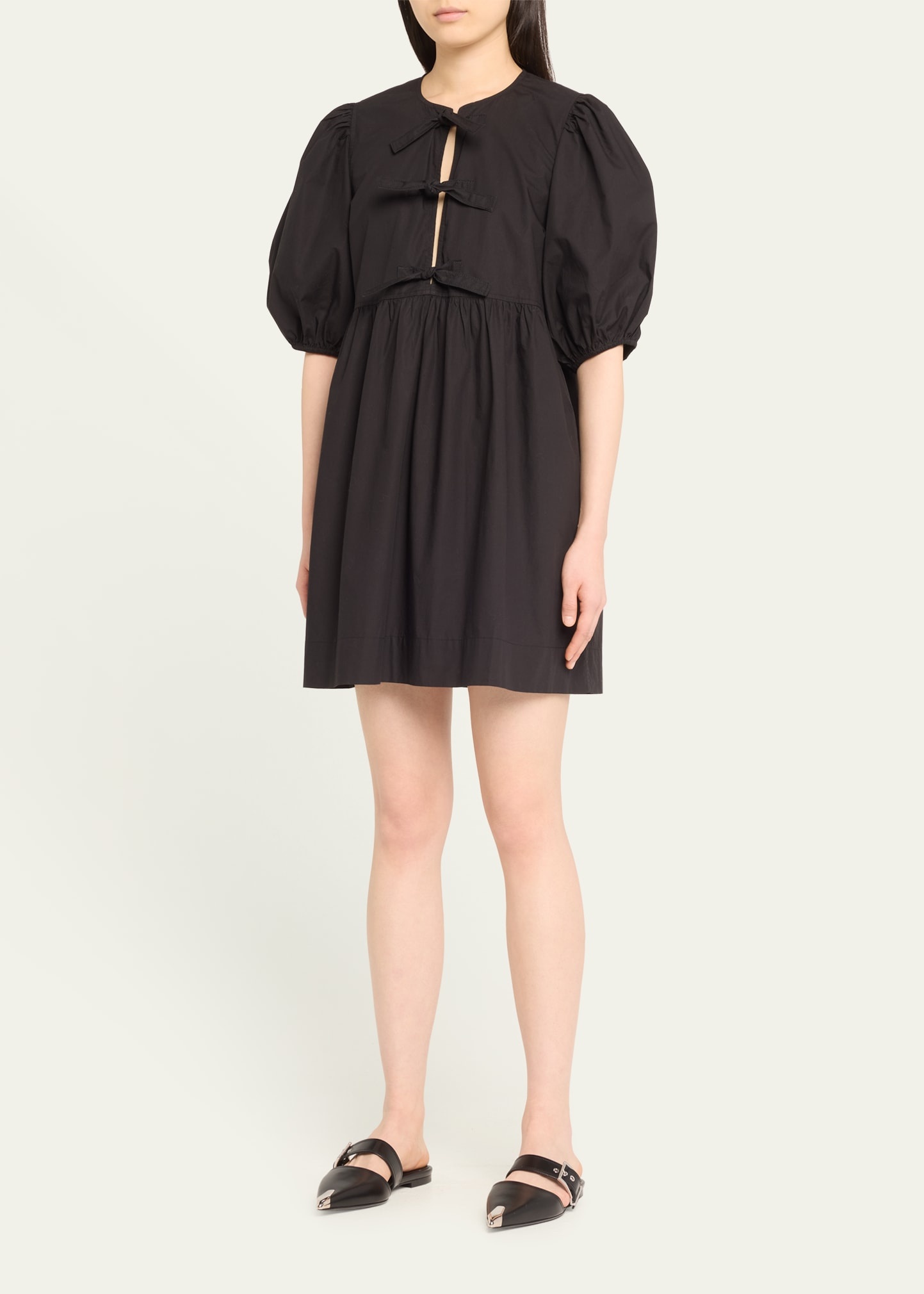 【送料関税込】GANNI Puff Sleeve Mini Dress GANNI Tie-Front Puff-Sleeve Poplin Mini Dress