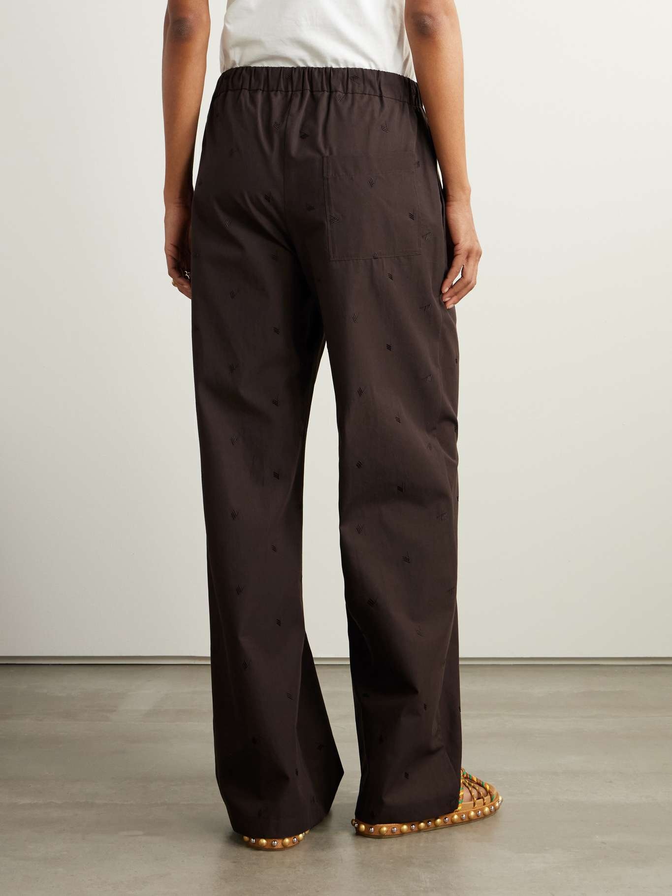 Embroidered cotton-blend poplin wide-leg pants Brown - 4
