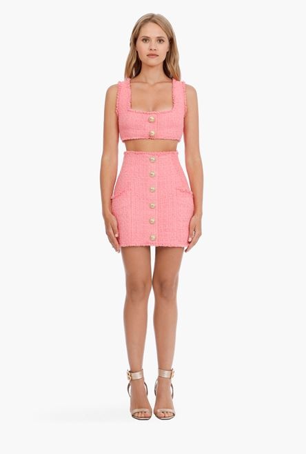 Short pink tweed high-waisted skirt - 4