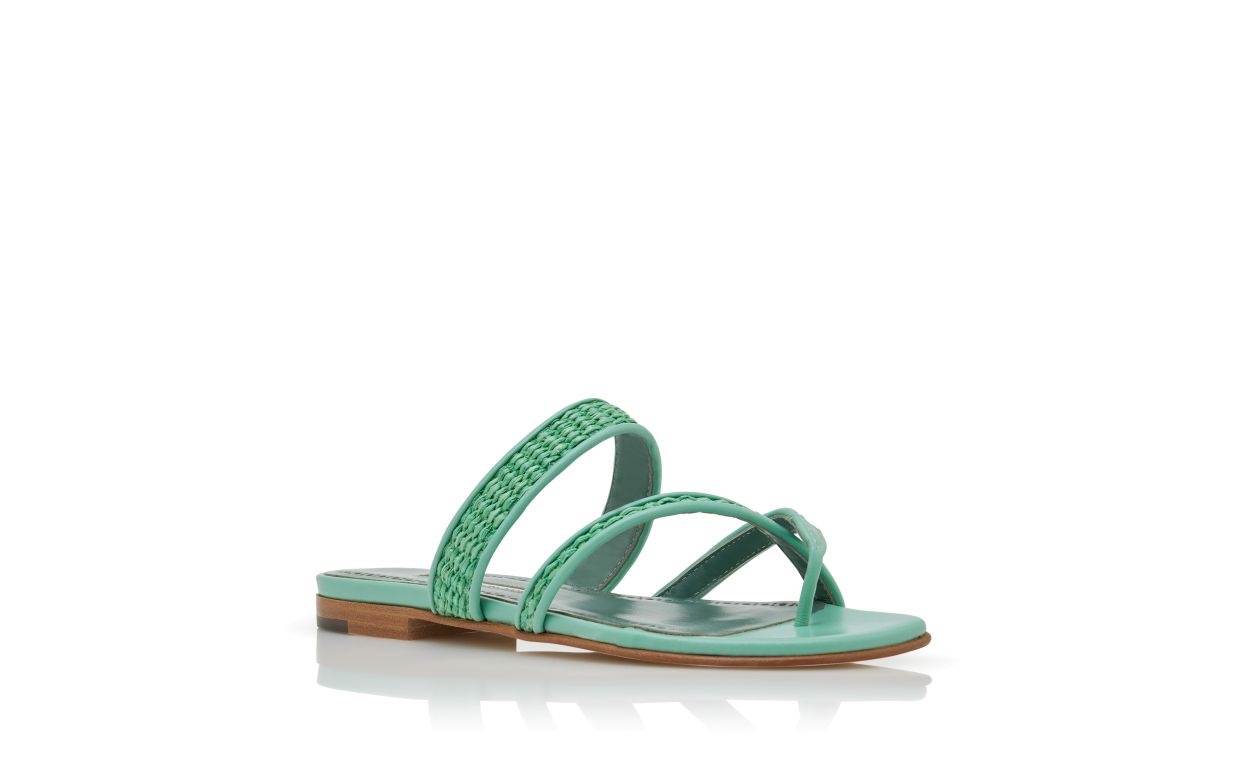 Green Raffia Flat Sandals - 3