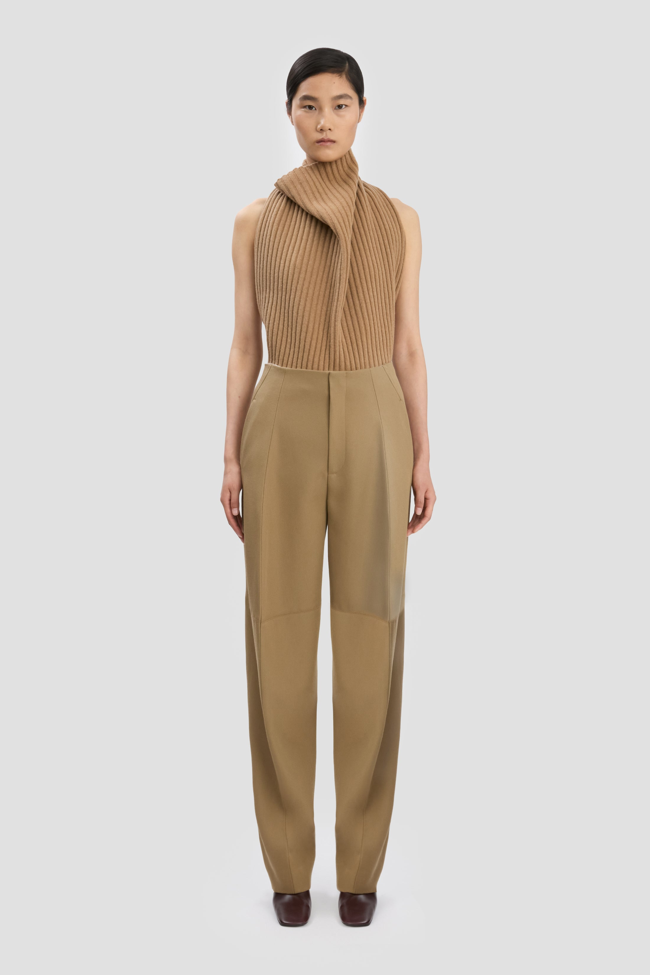 Sculptural Leg Trouser In Dark Camel - 2