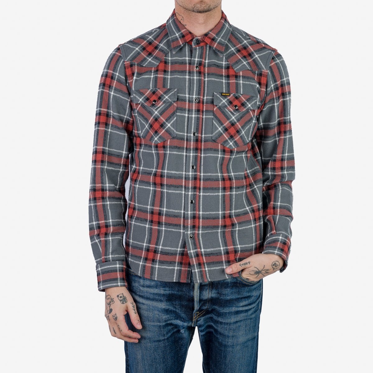 IHSH-369-GRY 12oz Slubby Heavy Flannel Herringbone Check Western Shirt - Grey - 3