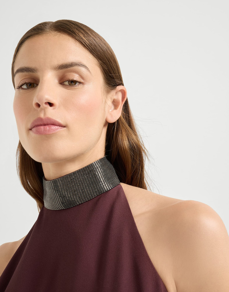 Silk and acetate crêpe cady halterneck dress with precious beaded collar 3