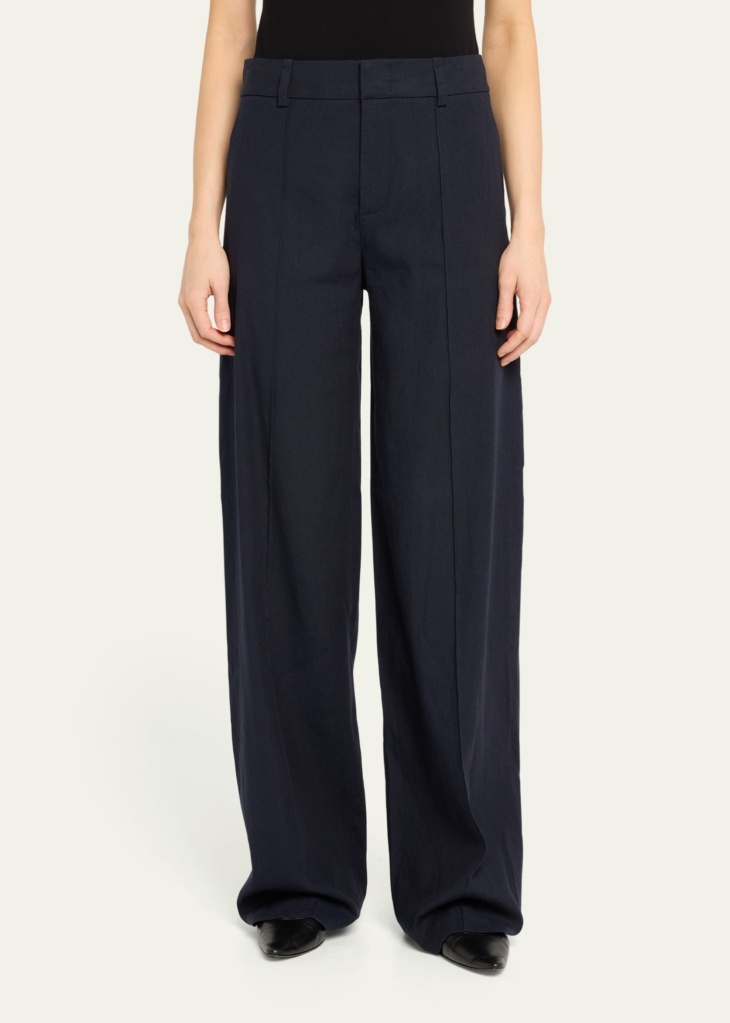 Stretch Linen High-Waist Pintuck Wide-Leg Pants - 4