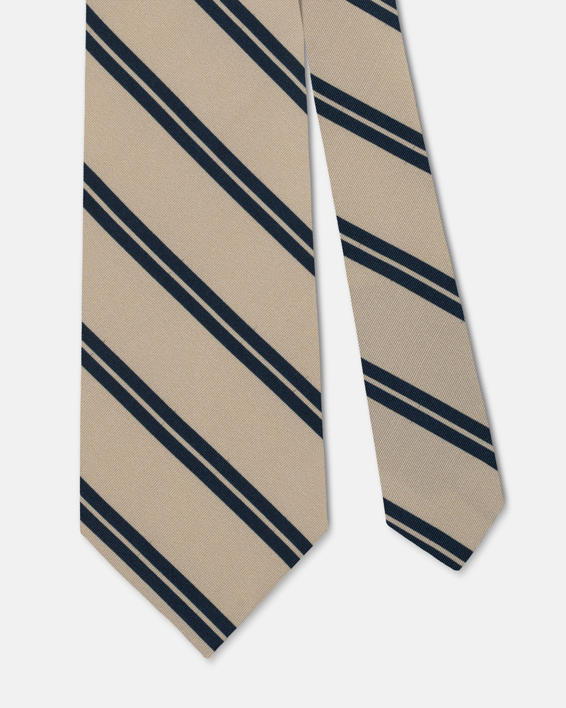 J. PRESS MADE-IN-UK BUFF & NAVY DOUBLE BAR STRIPE IRISH POPLIN TIE outlook