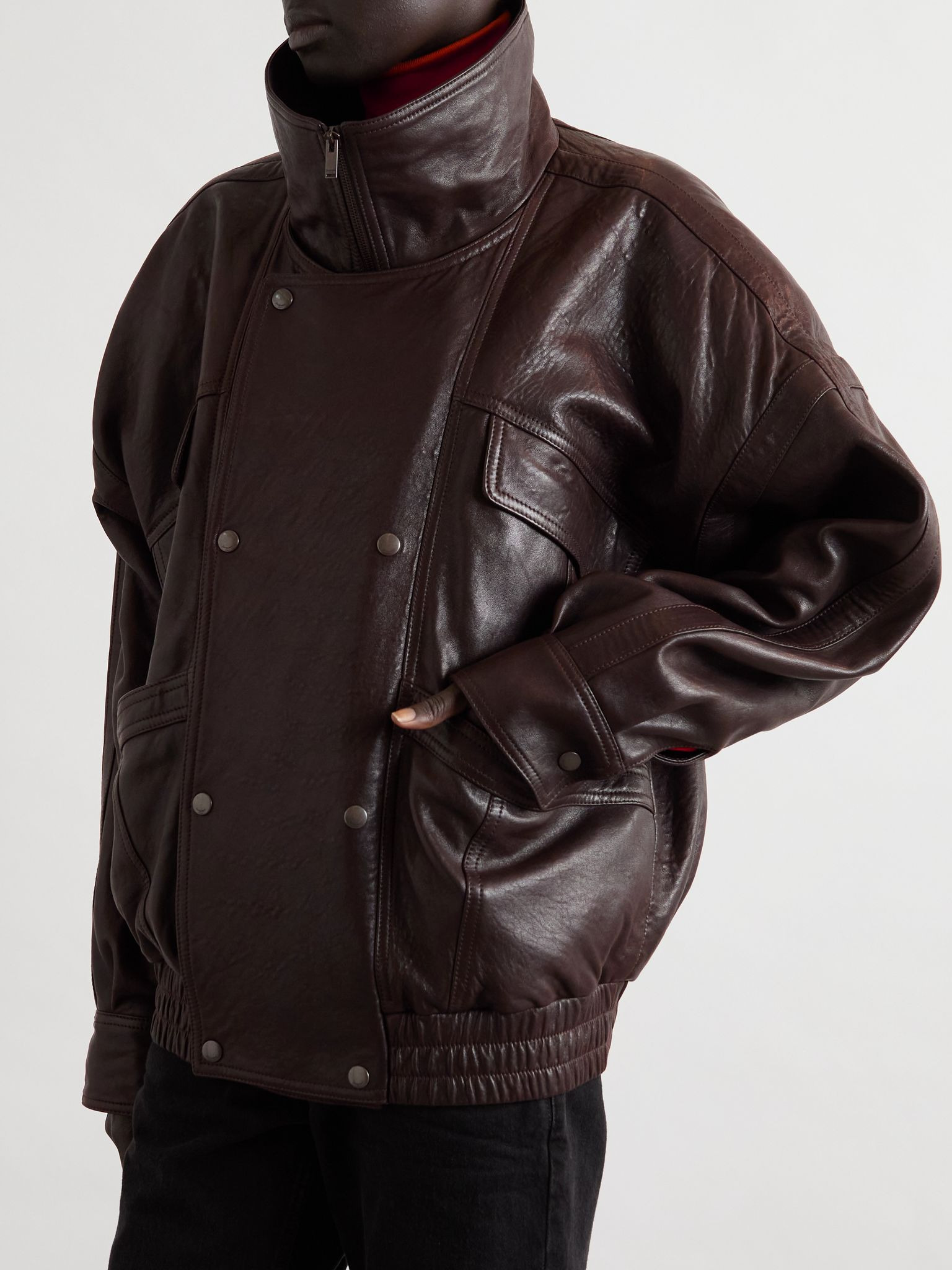 Oversized double-breasted paneled leather jacket Brown - 3