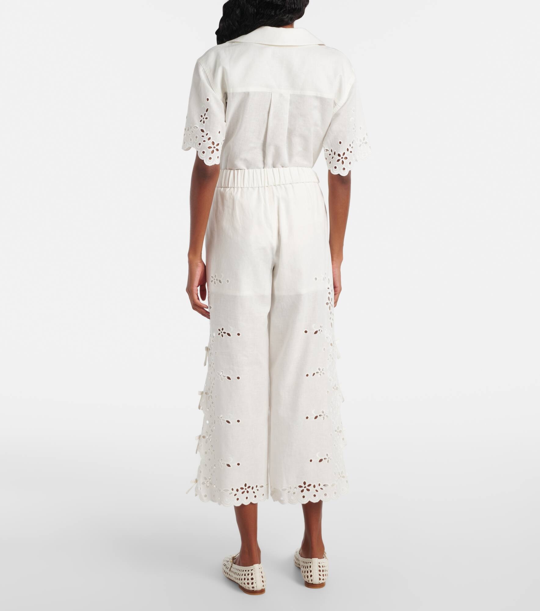 Embroidered linen and cotton wide-leg pants - 3