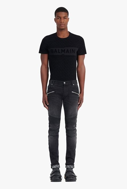 Slim cut faded and ridged black cotton jeans with Balmain monogram on hem - 4