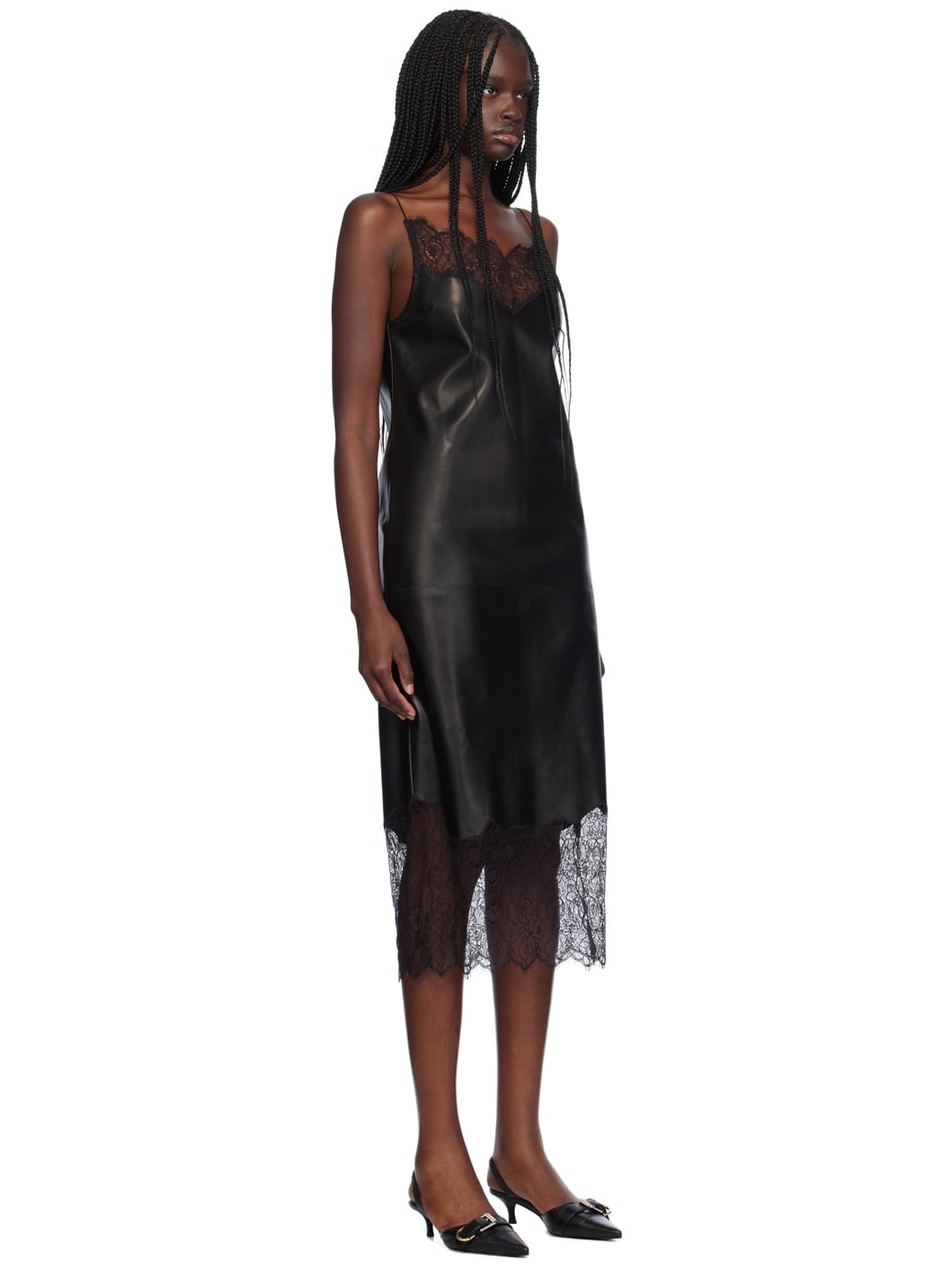Black Lace Trim Leather Midi Dress - 2