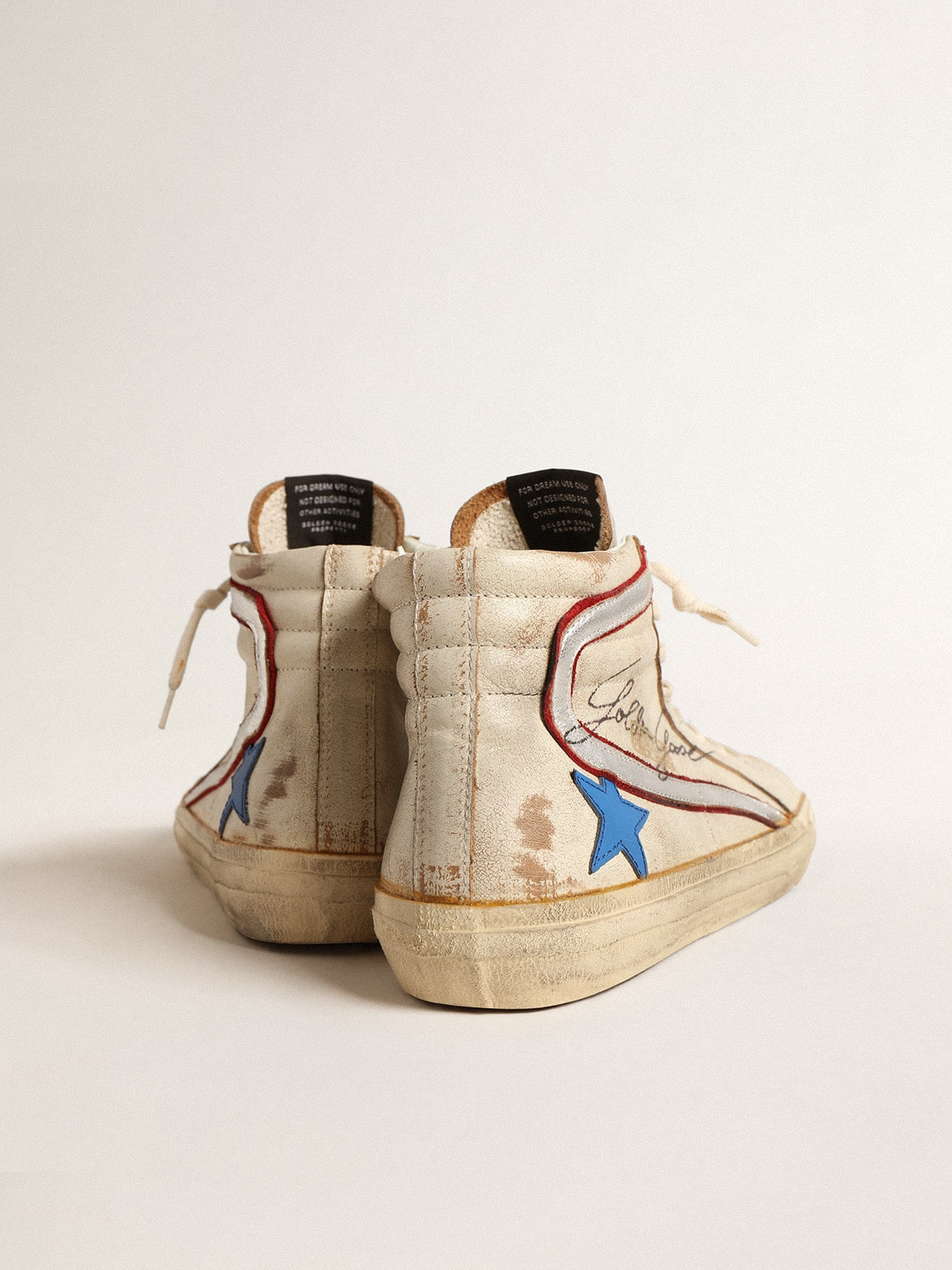Slide LTD in ecru with bright blue star and silver leather flash - 4