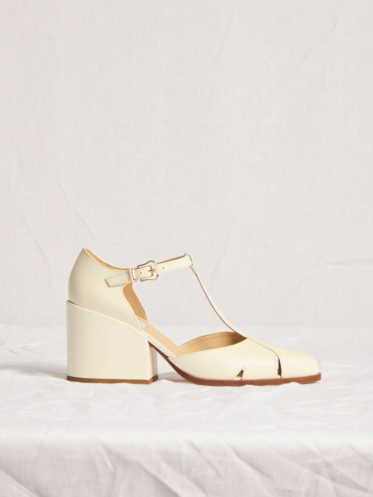 Evita T-Strap Heel in Pearlized White Leather - 4