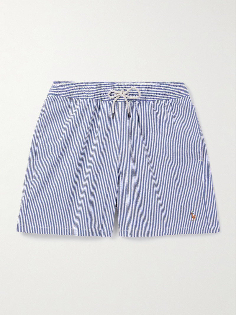 Traveler Straight-Leg Mid-Length Striped Cotton-Blend Seersucker Swim Shorts 1