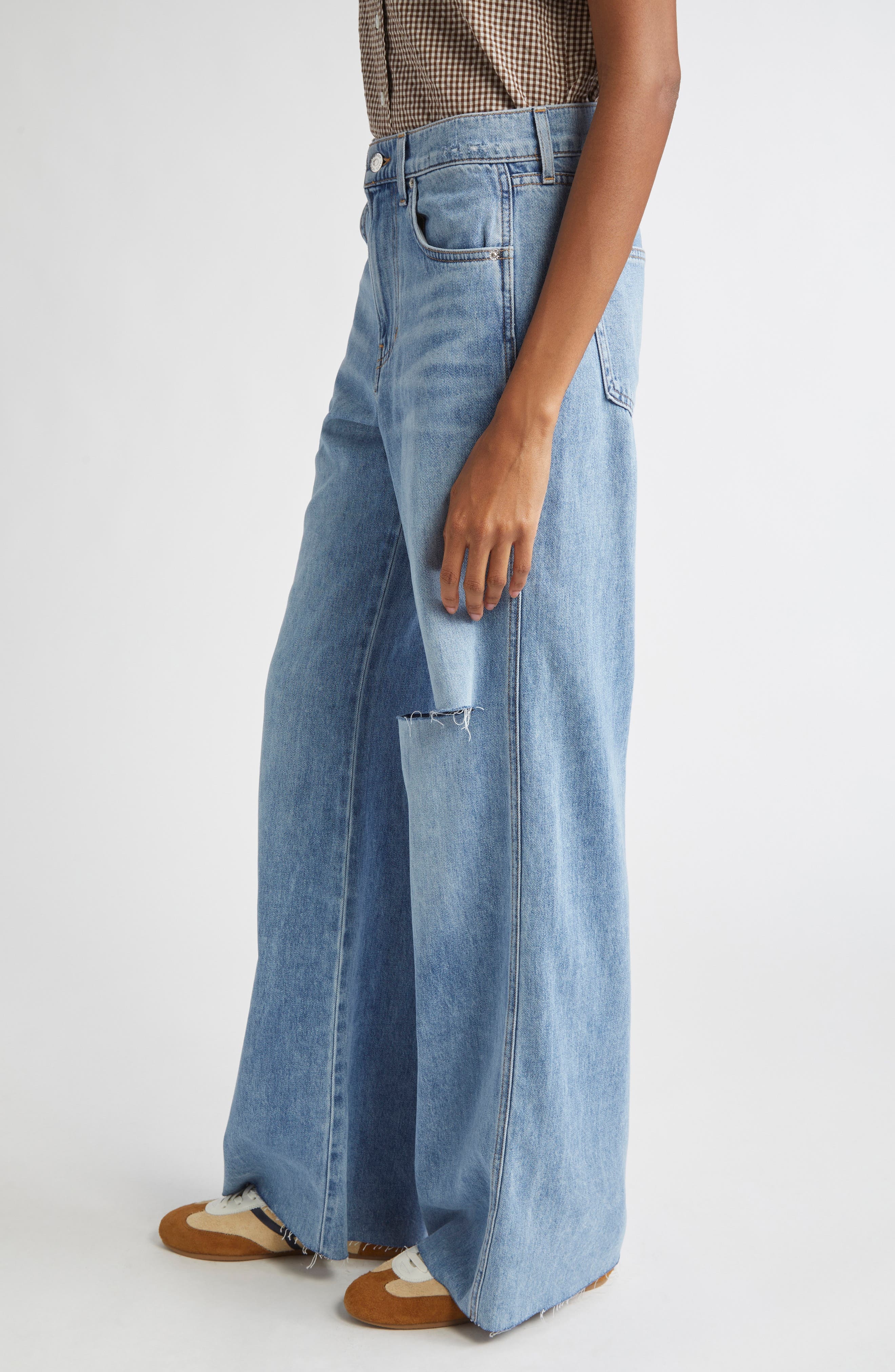 Veronica Beard Kasey Ripped Raw Hem Mid Rise Wide Leg Jeans in Bright Lakeshore at Nordstrom - 4