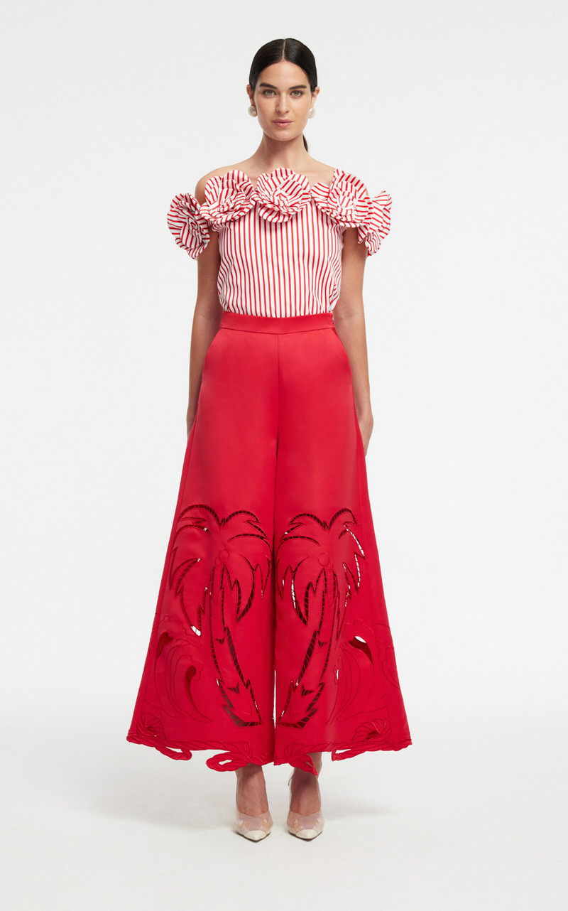 Theodora Appliquéd Wide-Leg Pants red 3