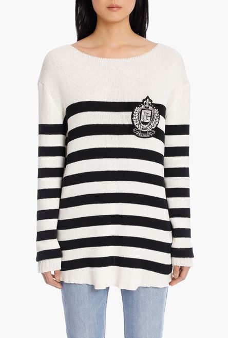 Ecru and black striped knit sweater with silver Balmain badge - 5