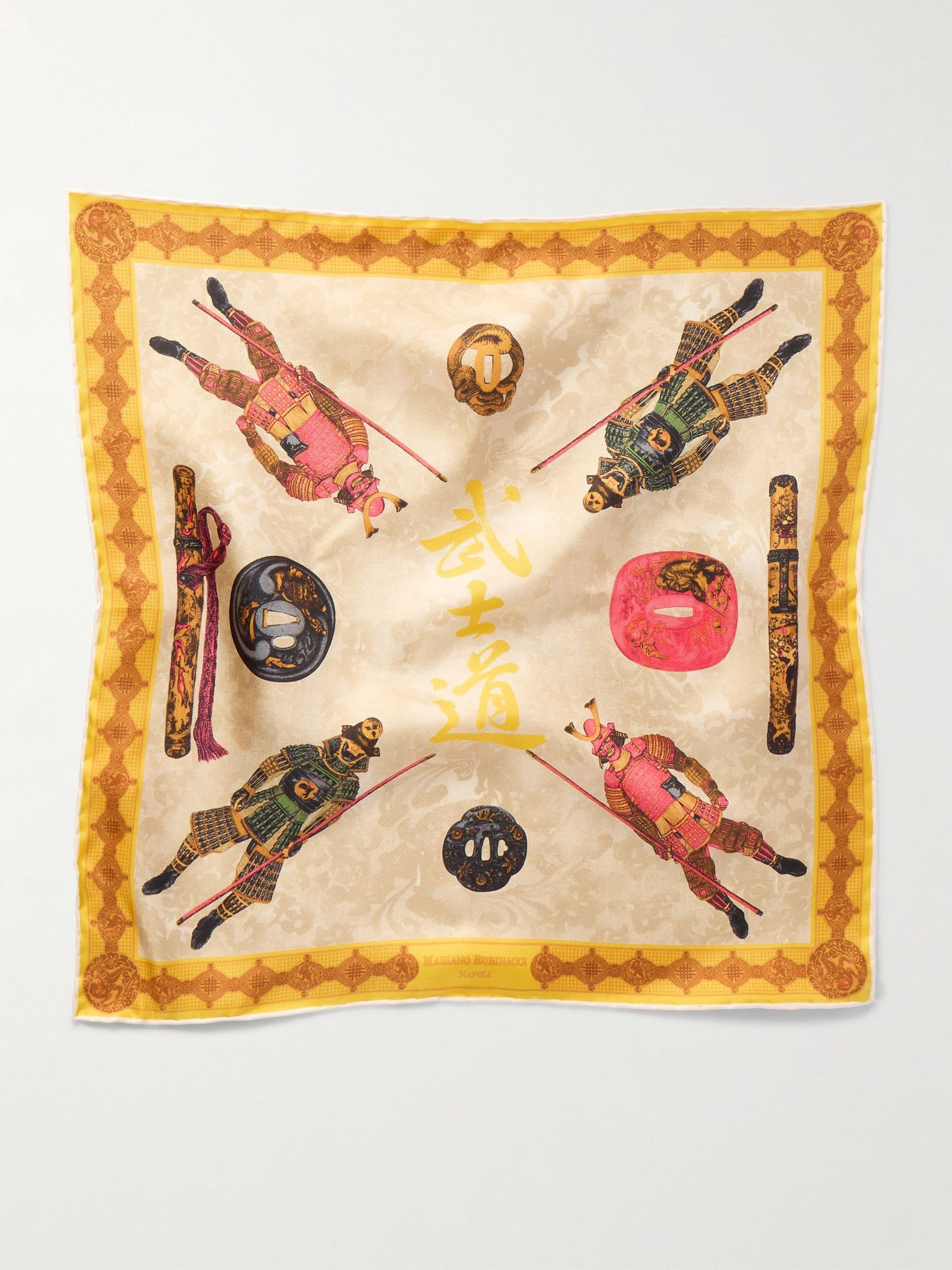 Samurai Printed Silk-Twill Pocket Square Yellow - 2