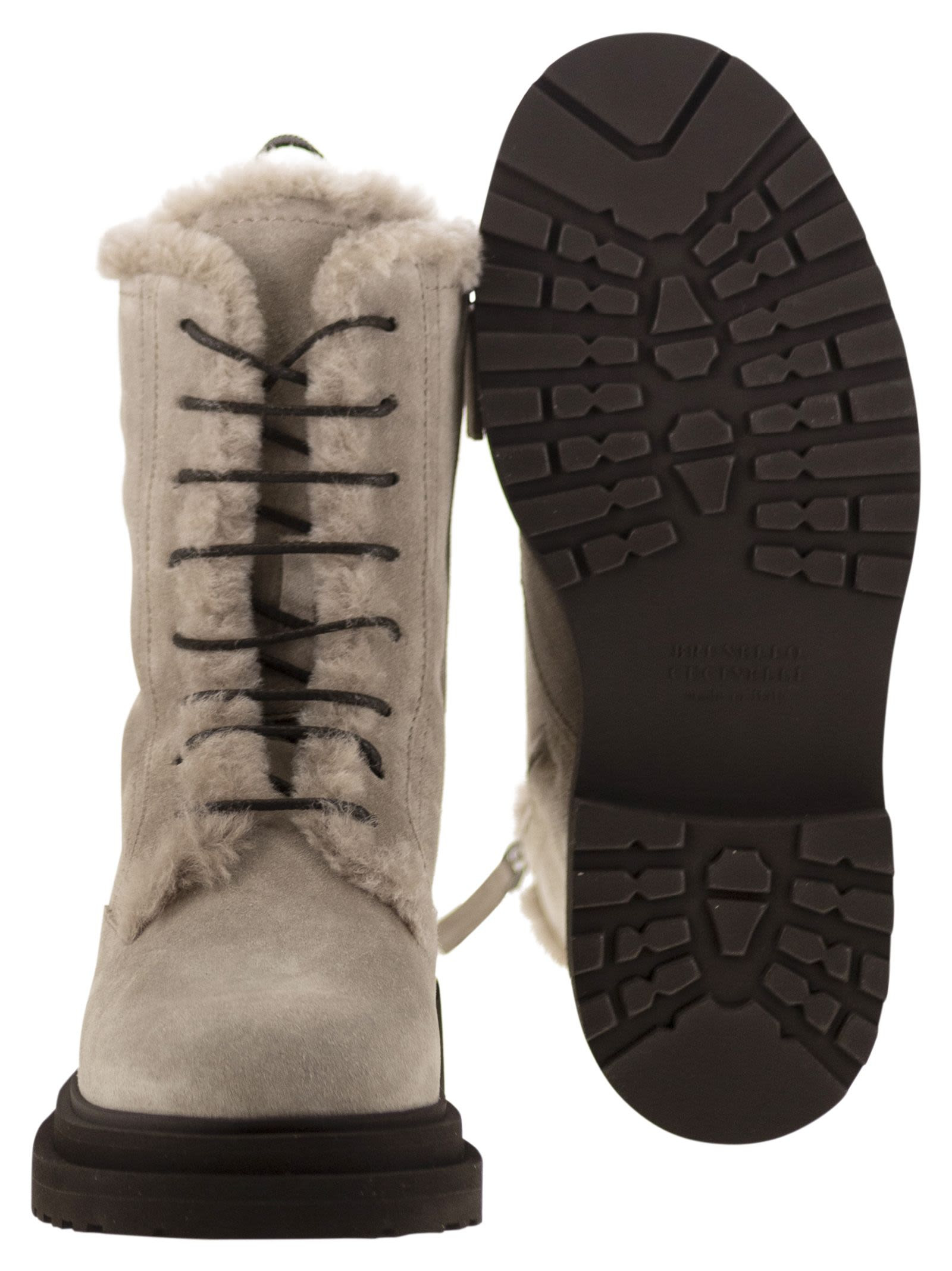 Brunello Cucinelli Women Suede Boot With Shearling Lining And Shiny Loop Detail - 5