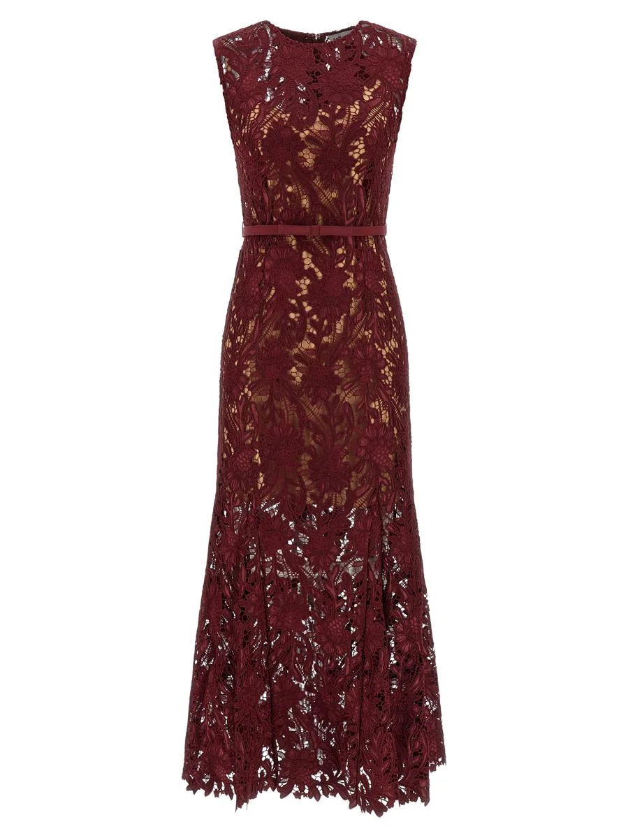 Self-Portrait 'Burgundy Guipure Lace Midi' Dress - 1