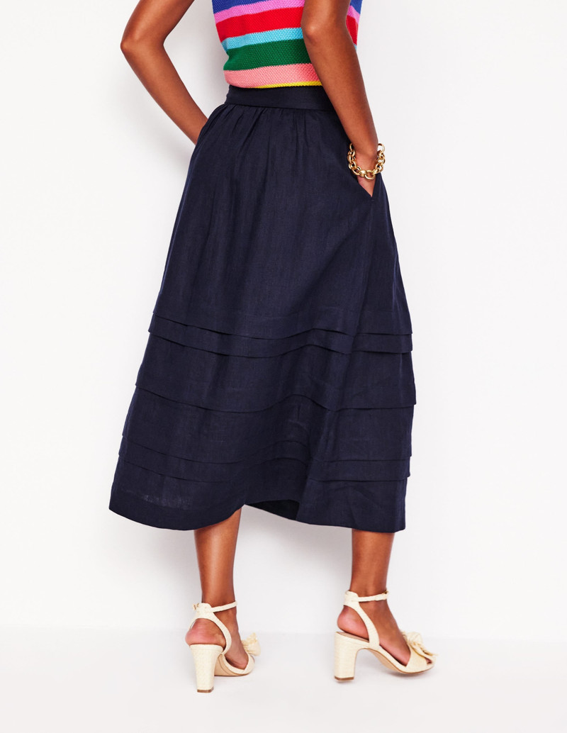 Pintuck Linen Midi Skirt-Navy 4