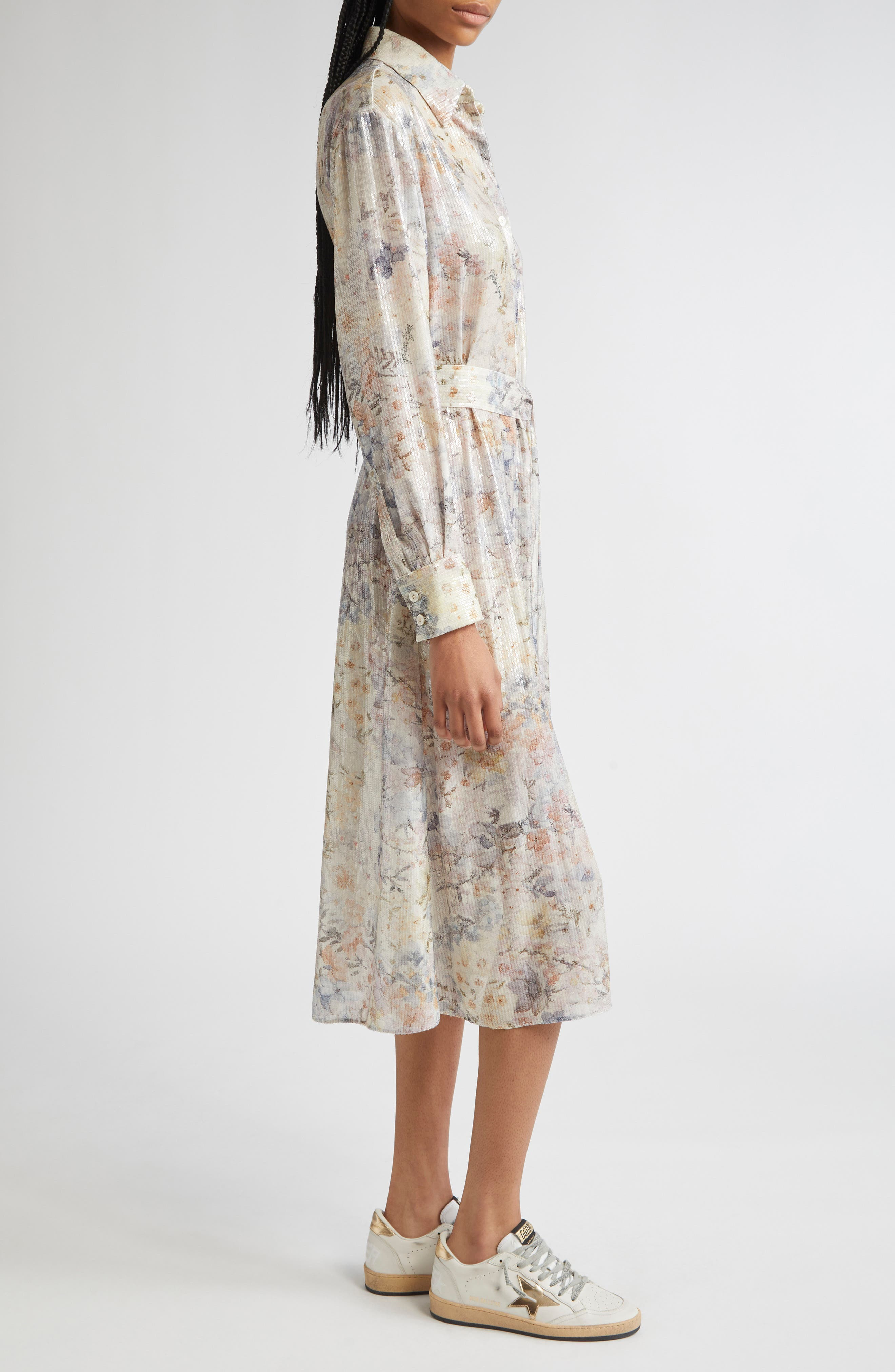 Golden Goose Journey Floral Long Sleeve Sequin Shirtdress in Pastel Flowers at Nordstrom - 3