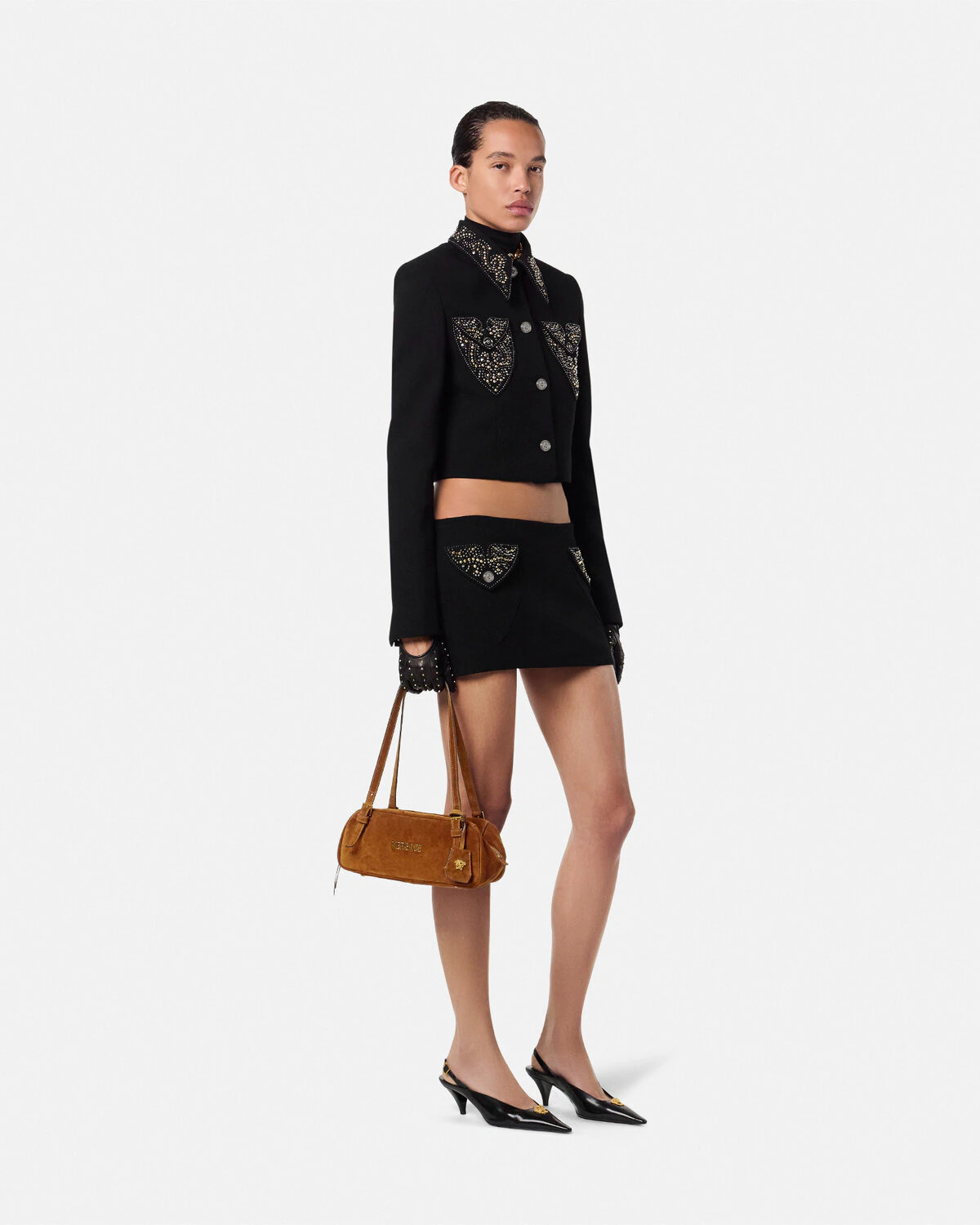 Versace Tag Suede Bowling Shoulder Bag - 3