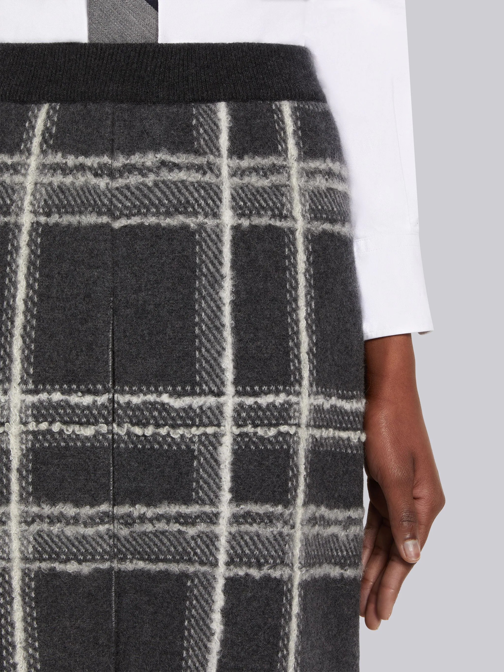Dark Grey Hairline Madras Check Jacquard Boiled Wool Box Pleat Inlay Below-the-Knee Skirt - 5