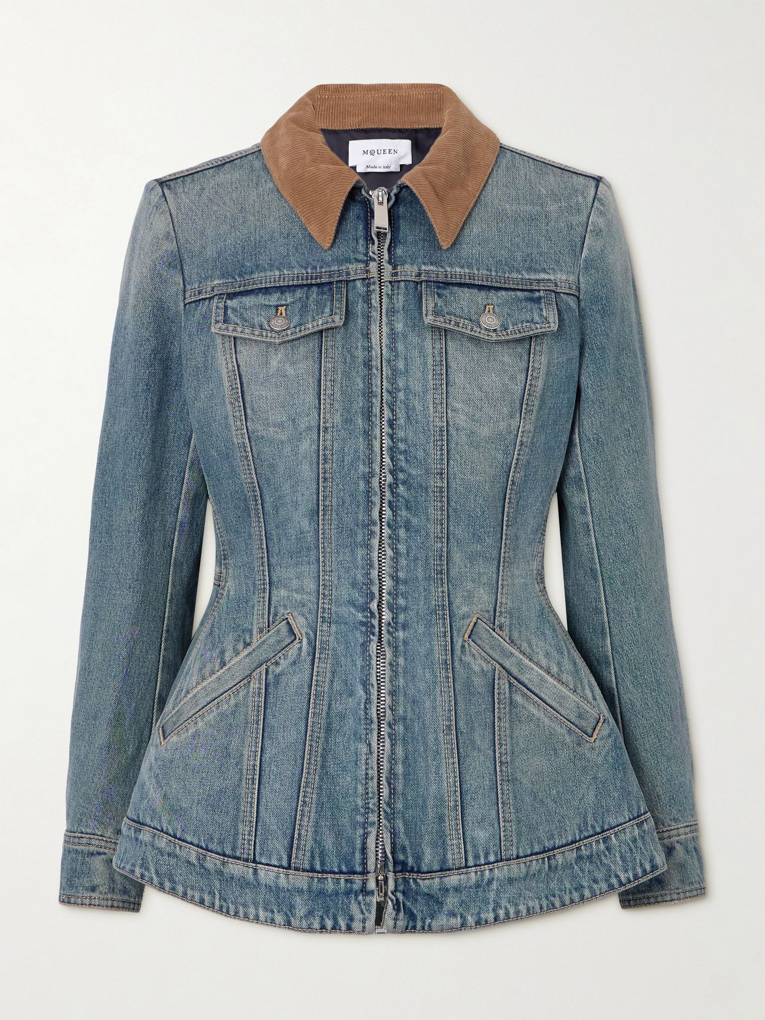 Corduroy-trimmed denim peplum jacket Indigo - 1