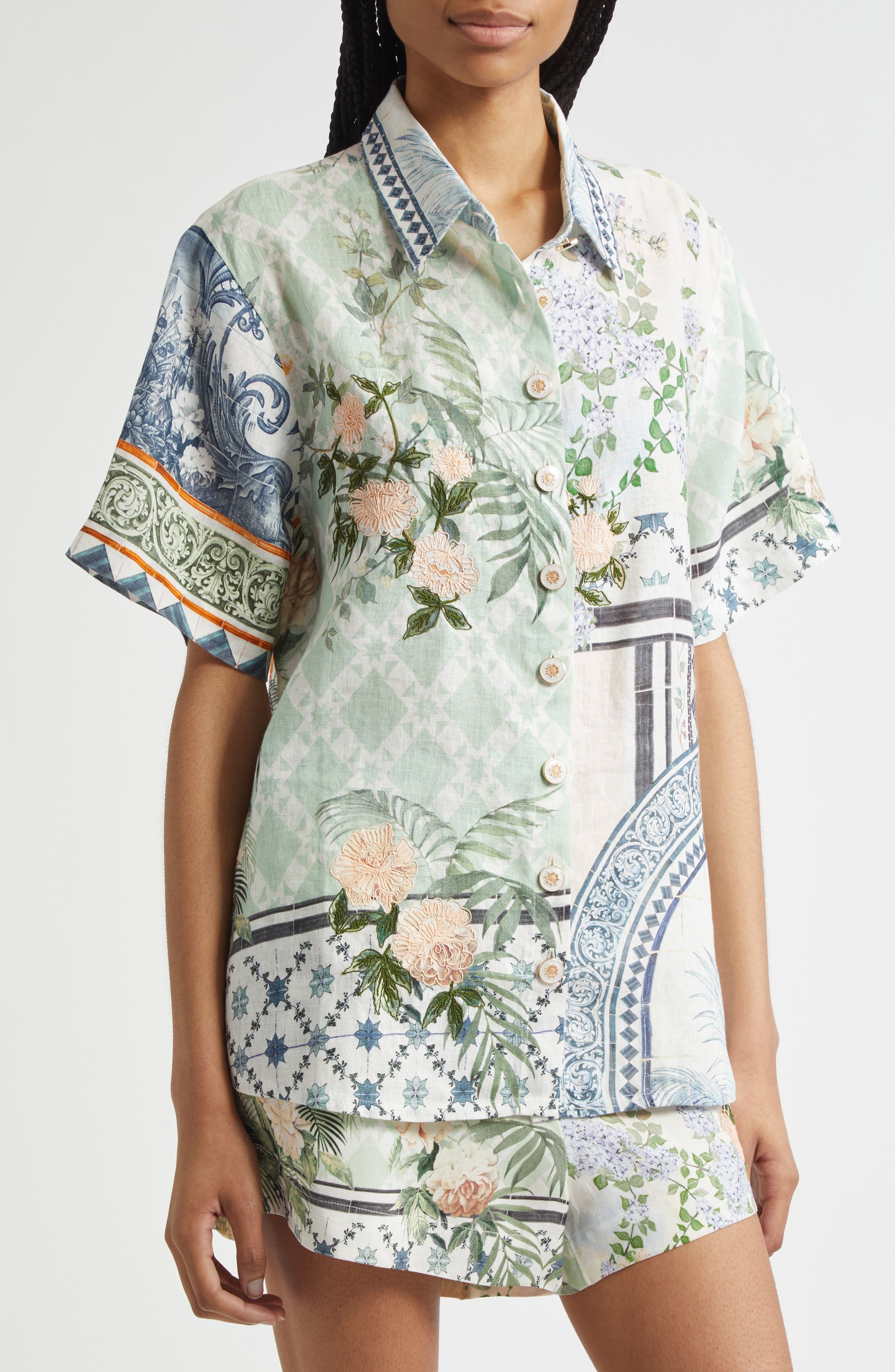 Camilla Classic Linen Button-Up Shirt in Jardim Party at Nordstrom - 4