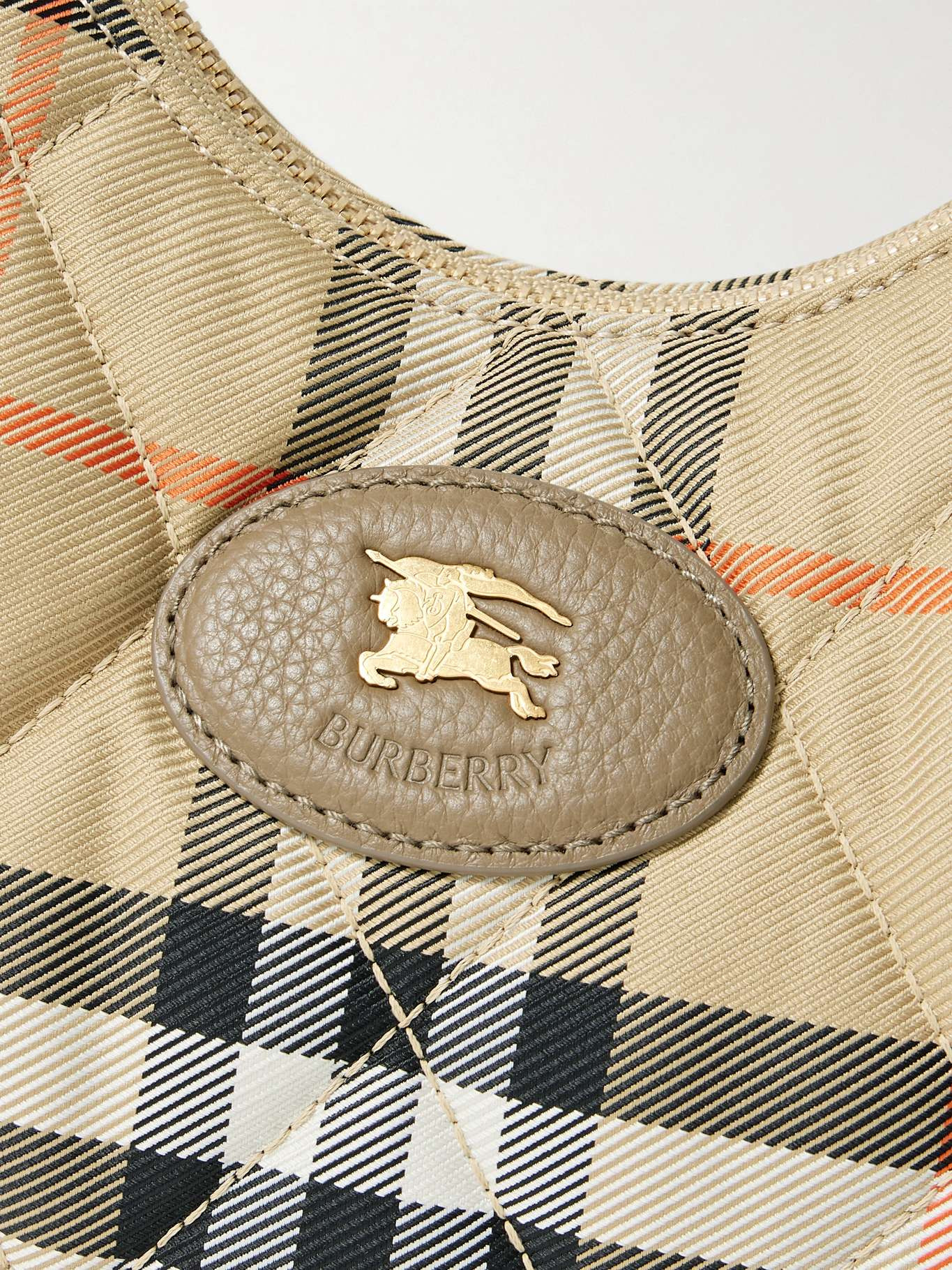 Leather-trimmed quilted checked twill shoulder bag Sand - 4
