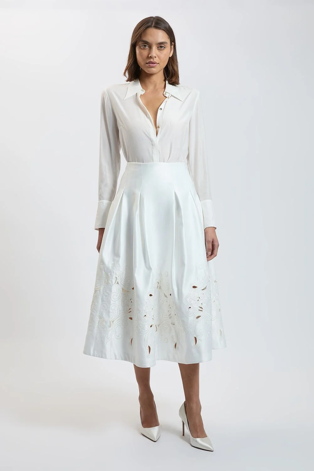 Tailored Satin Cutwork Full Skirt - 1