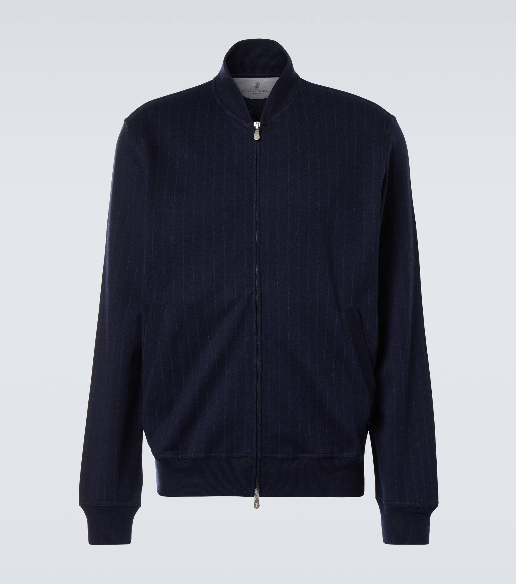 Pinstripe cotton-blend zip-up sweater - 1