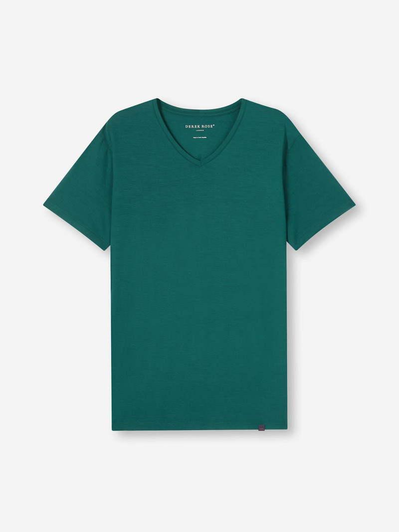 Derek Rose Men's V-Neck T-Shirt Basel Micro Modal Stretch Pine Green outlook