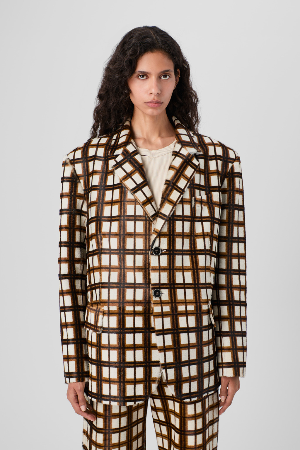 Cream-brown tartan hair-on-leather blazer - 2