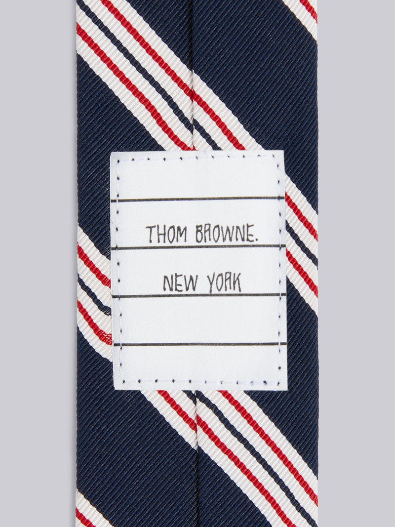 Thom Browne Navy Silk Cotton Jacquard Tricolor Hairline Stripe Tie outlook