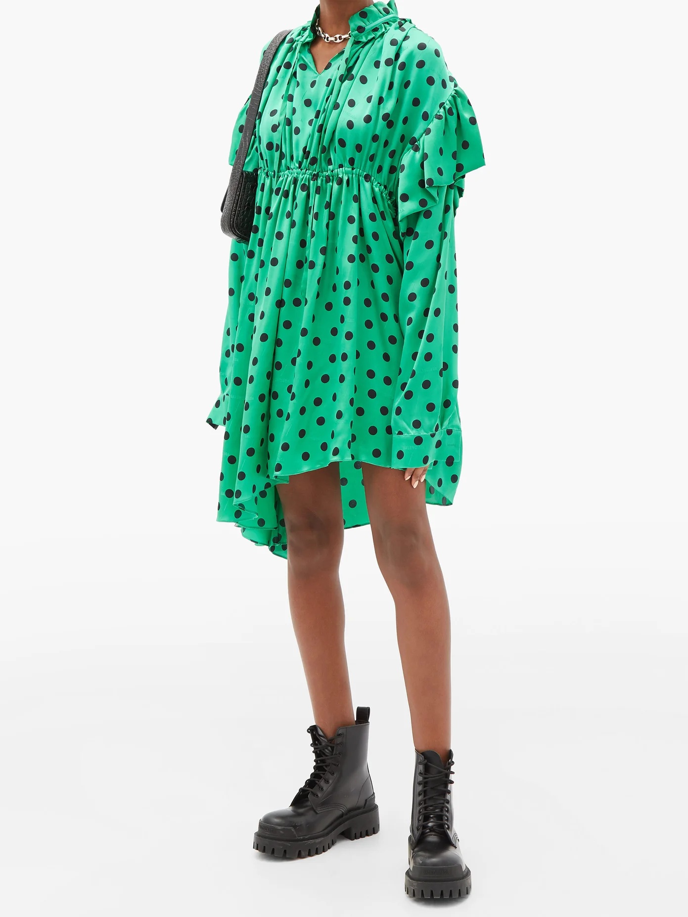 Polka-dot gathered silk-satin dipped-hem dress - 2