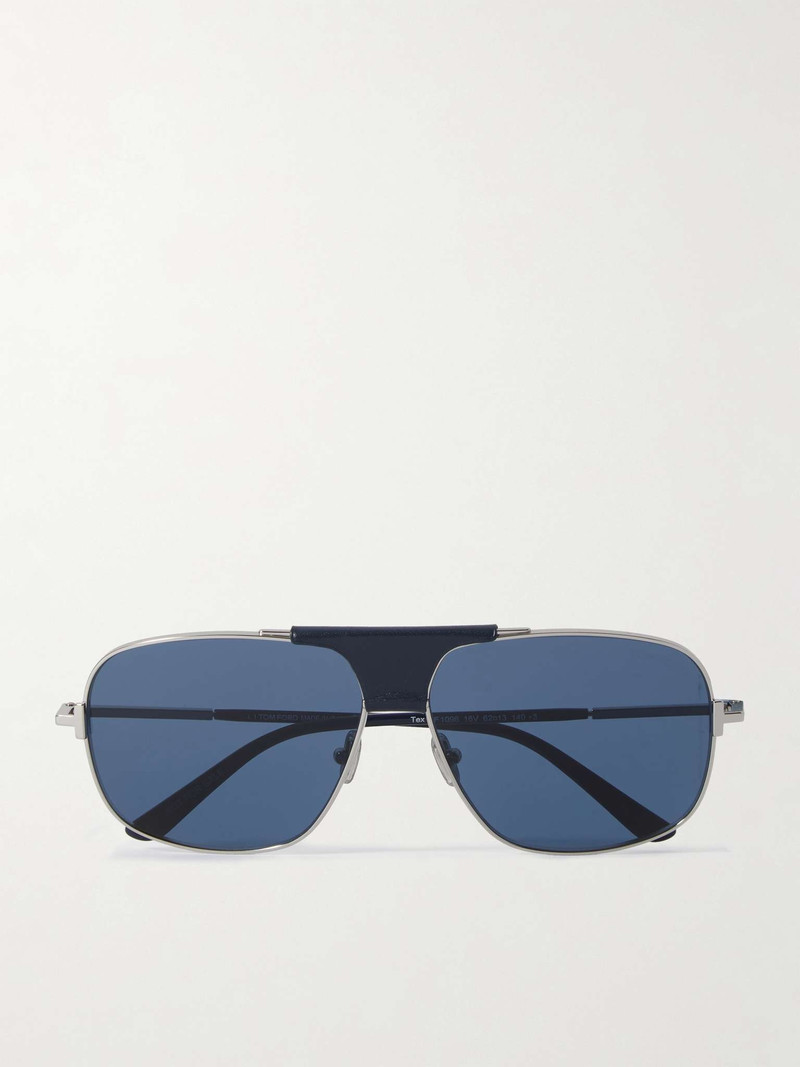 Tex Aviator-Style Leather-Trimmed Silver-Tone Sunglasses - 1