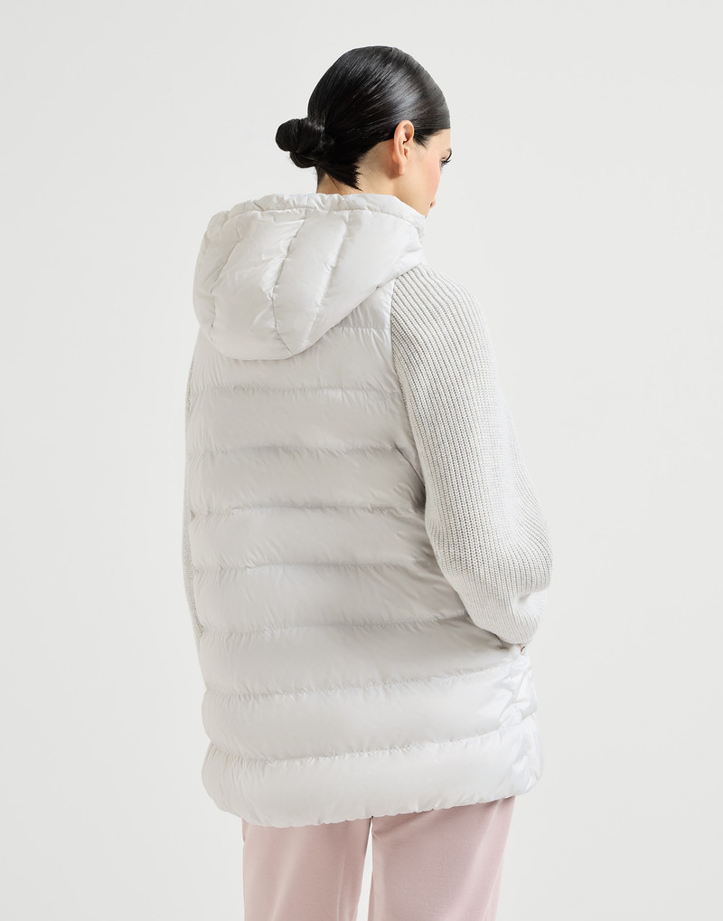 Brunello Cucinelli Water-resistant matte nylon hooded down jacket with virgin wool, cashmere and silk knit sleeves and  outlook