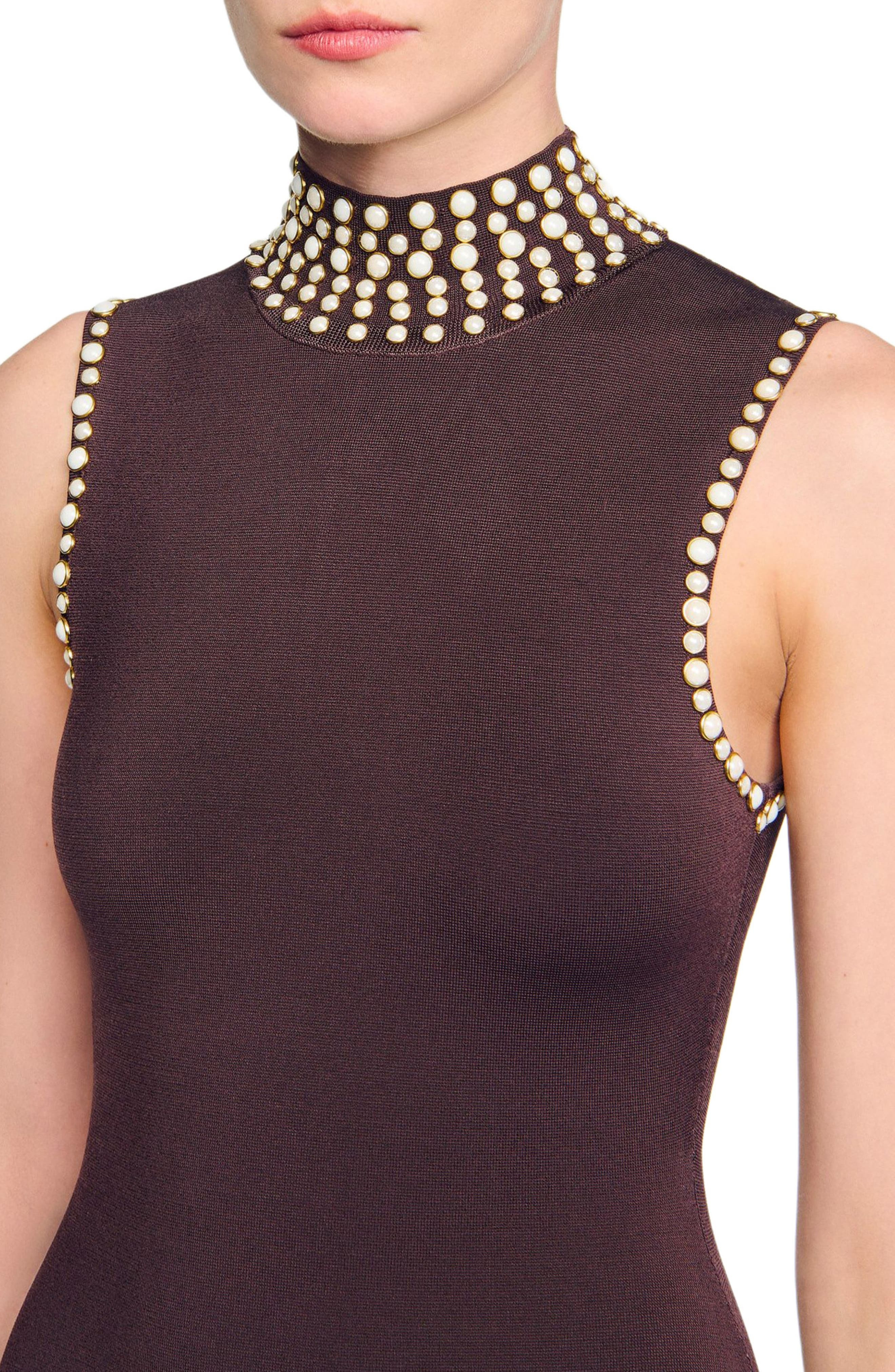 SANDRO Fringed knit midi dress in Brown at Nordstrom - 4