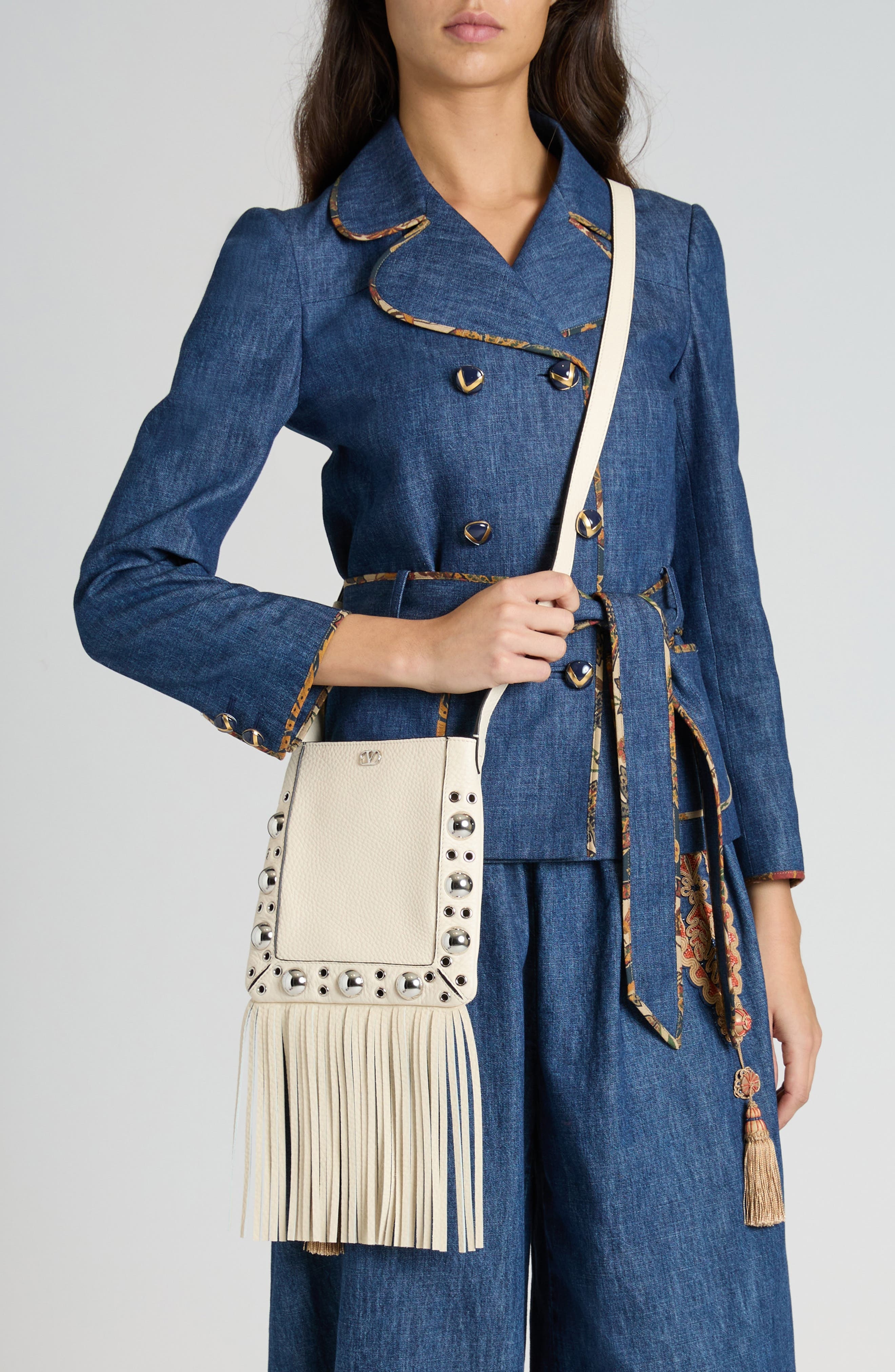 Valentino Garavani Small Nellcôte Fringe Stud Crossbody Bag in I16 Light Ivory at Nordstrom - 3