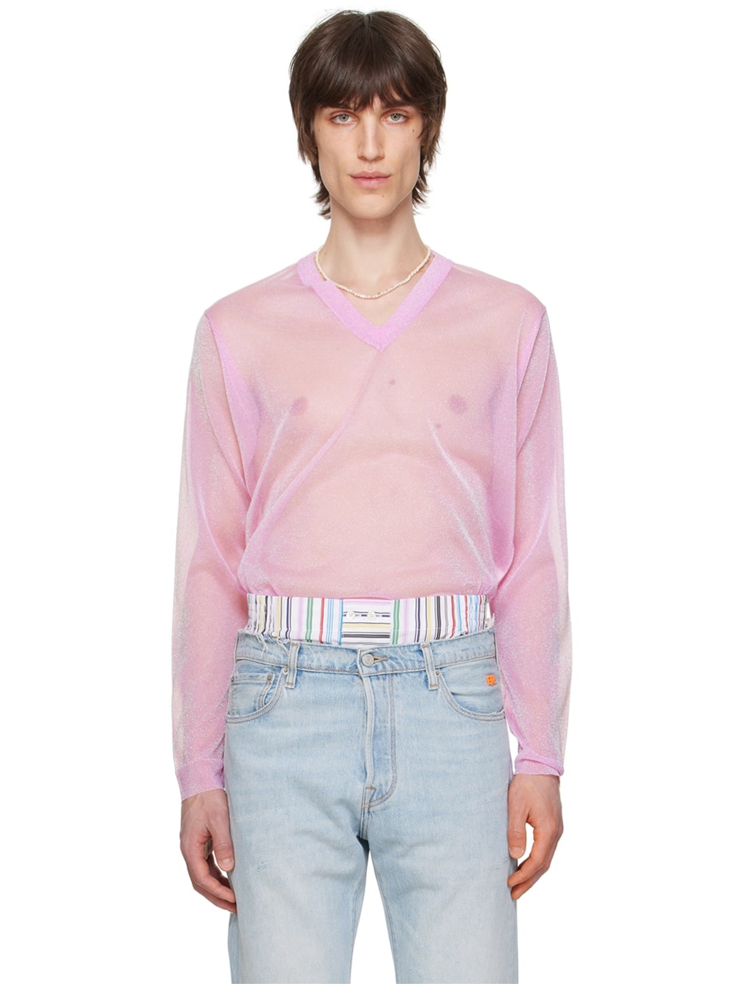 Pink V-Neck Long Sleeve T-Shirt - 1