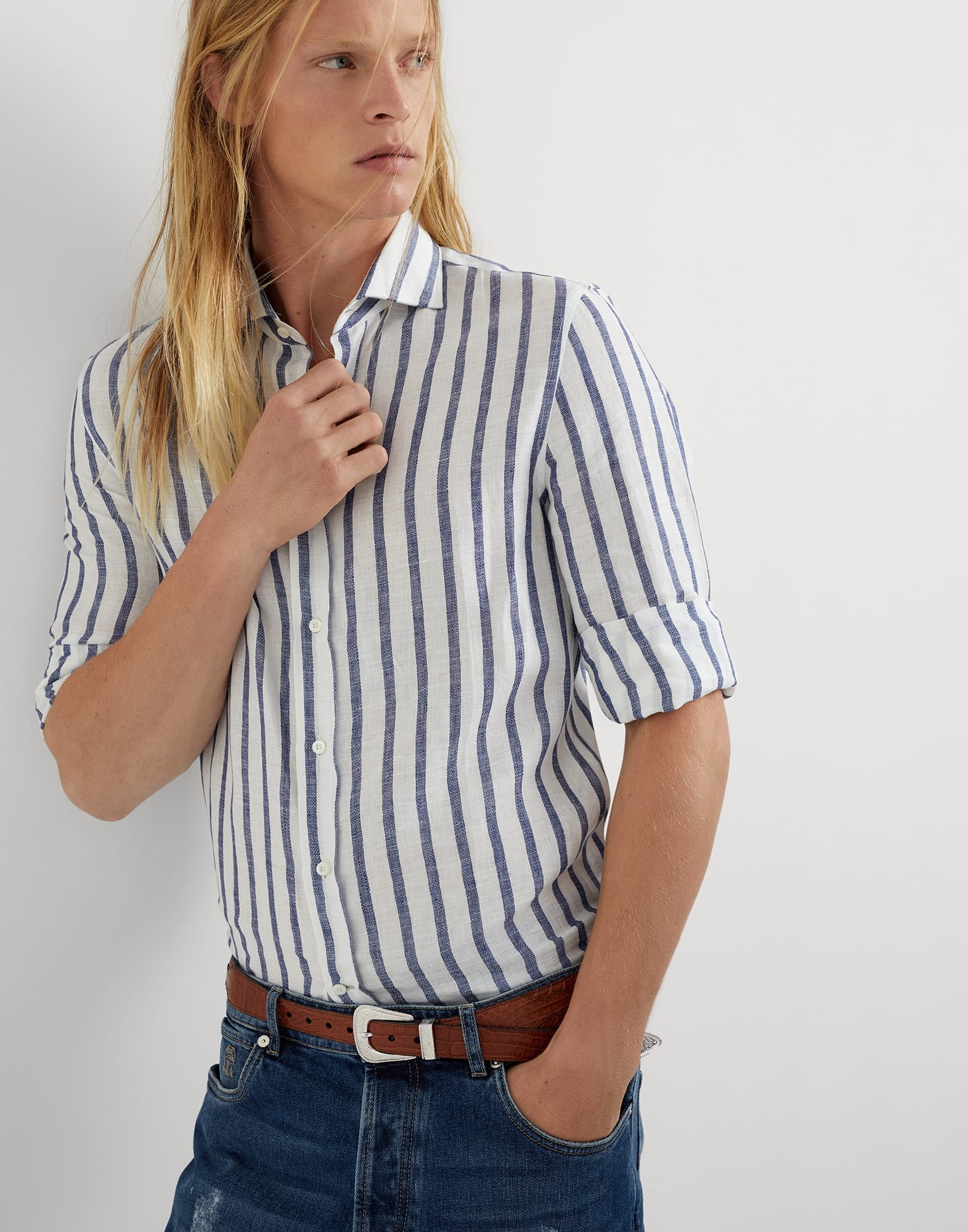 Striped linen easy fit shirt with spread collar - 4