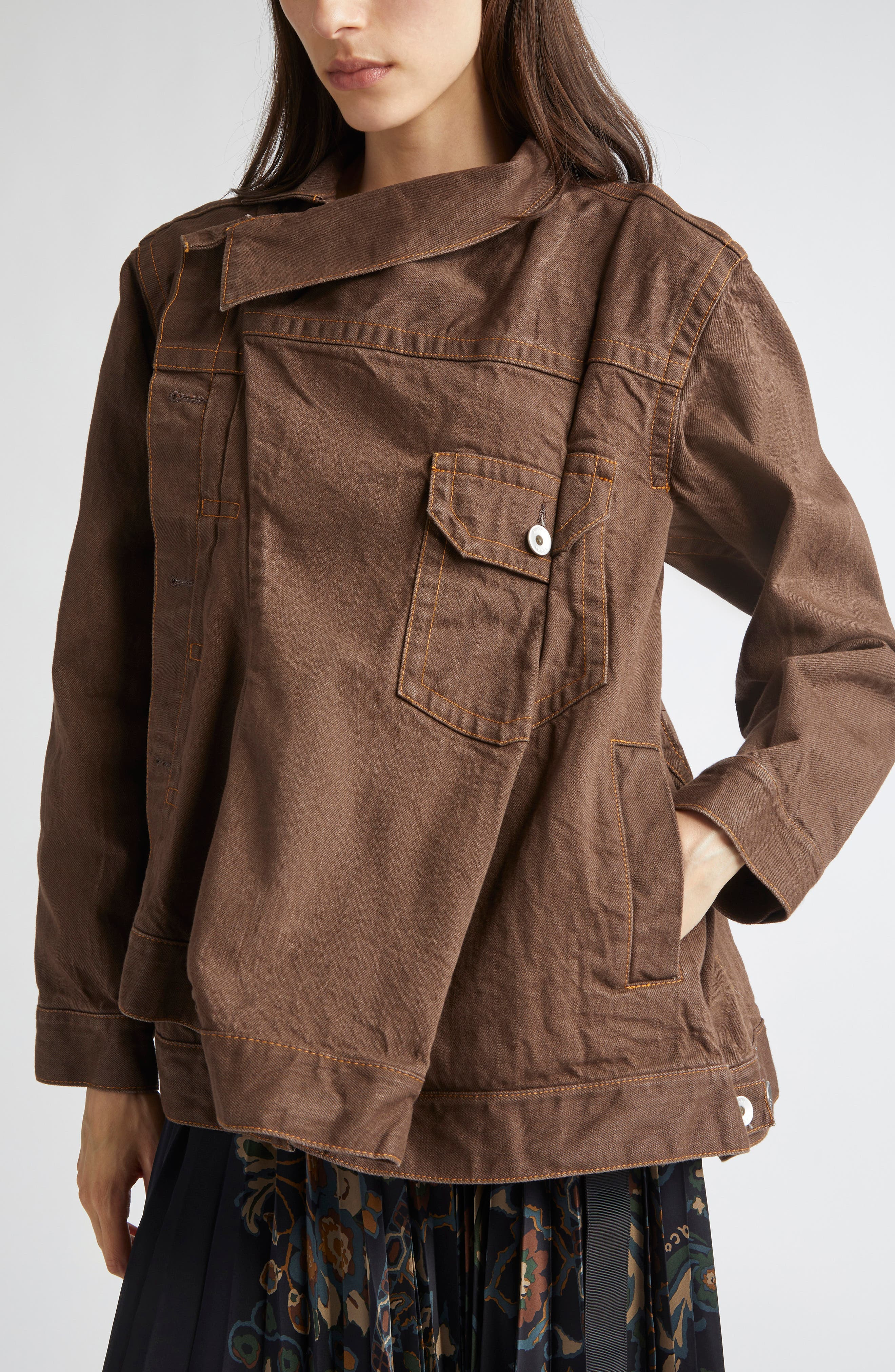 Sacai Asymmetric Denim Jacket in Brown at Nordstrom - 4